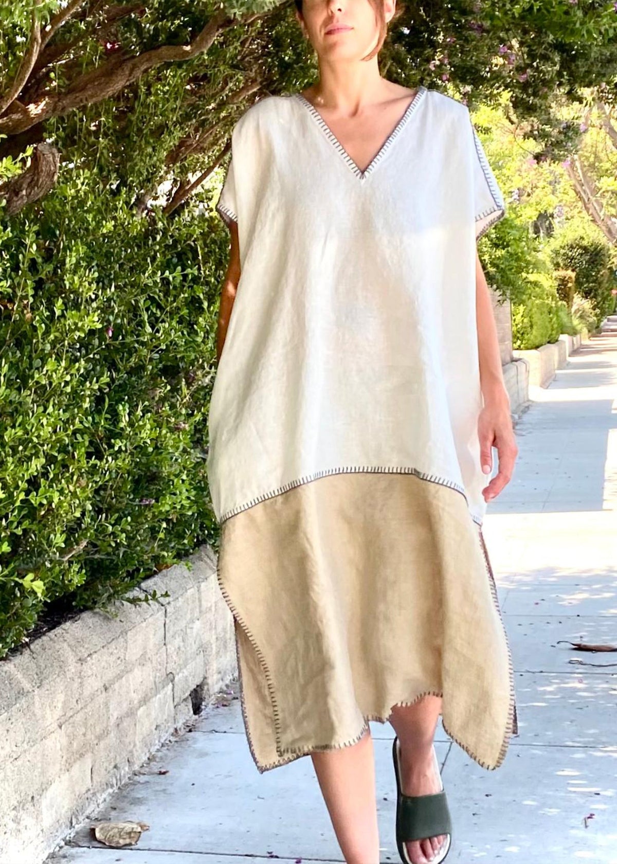 natural and white linen color block dress