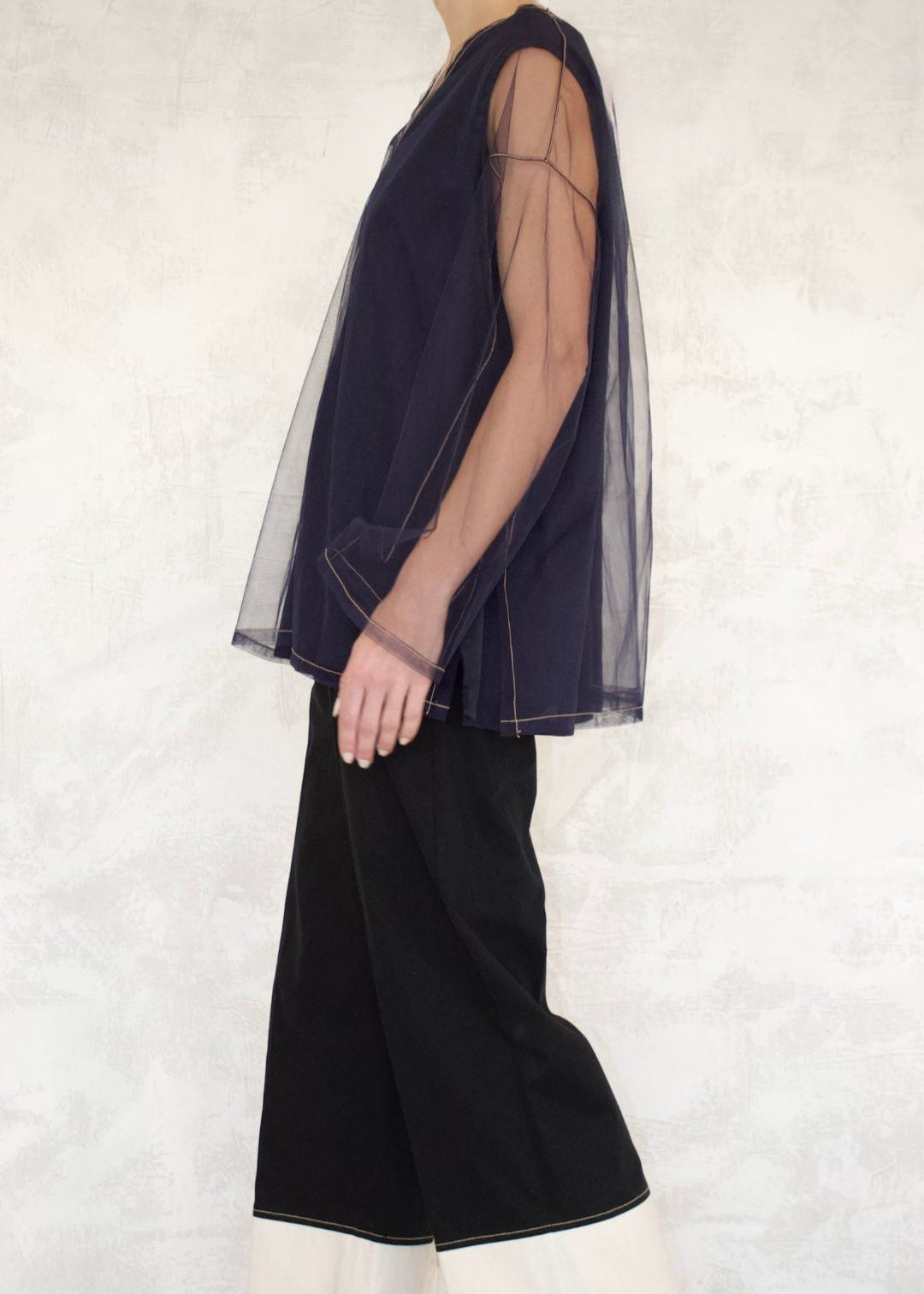 v-neck sleeveless cotton top with sheer long sleeve over layer