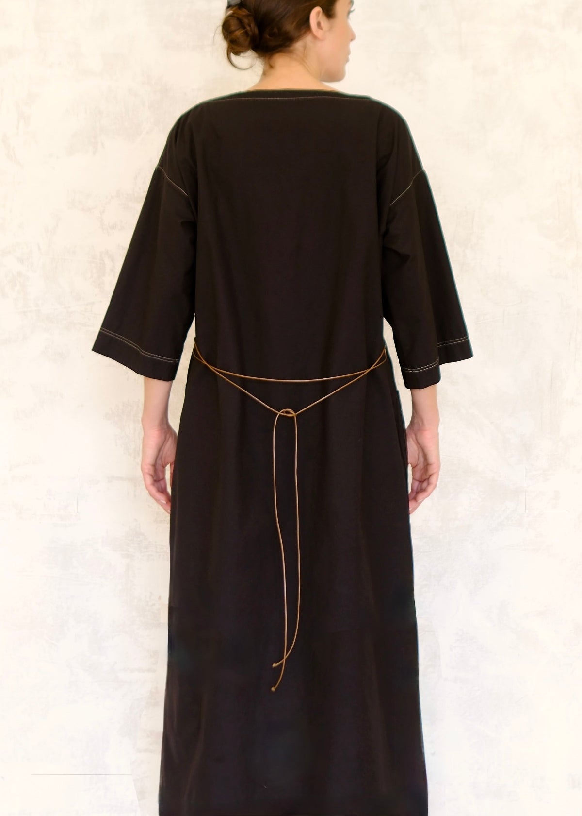 Black Dress belted with cord back view