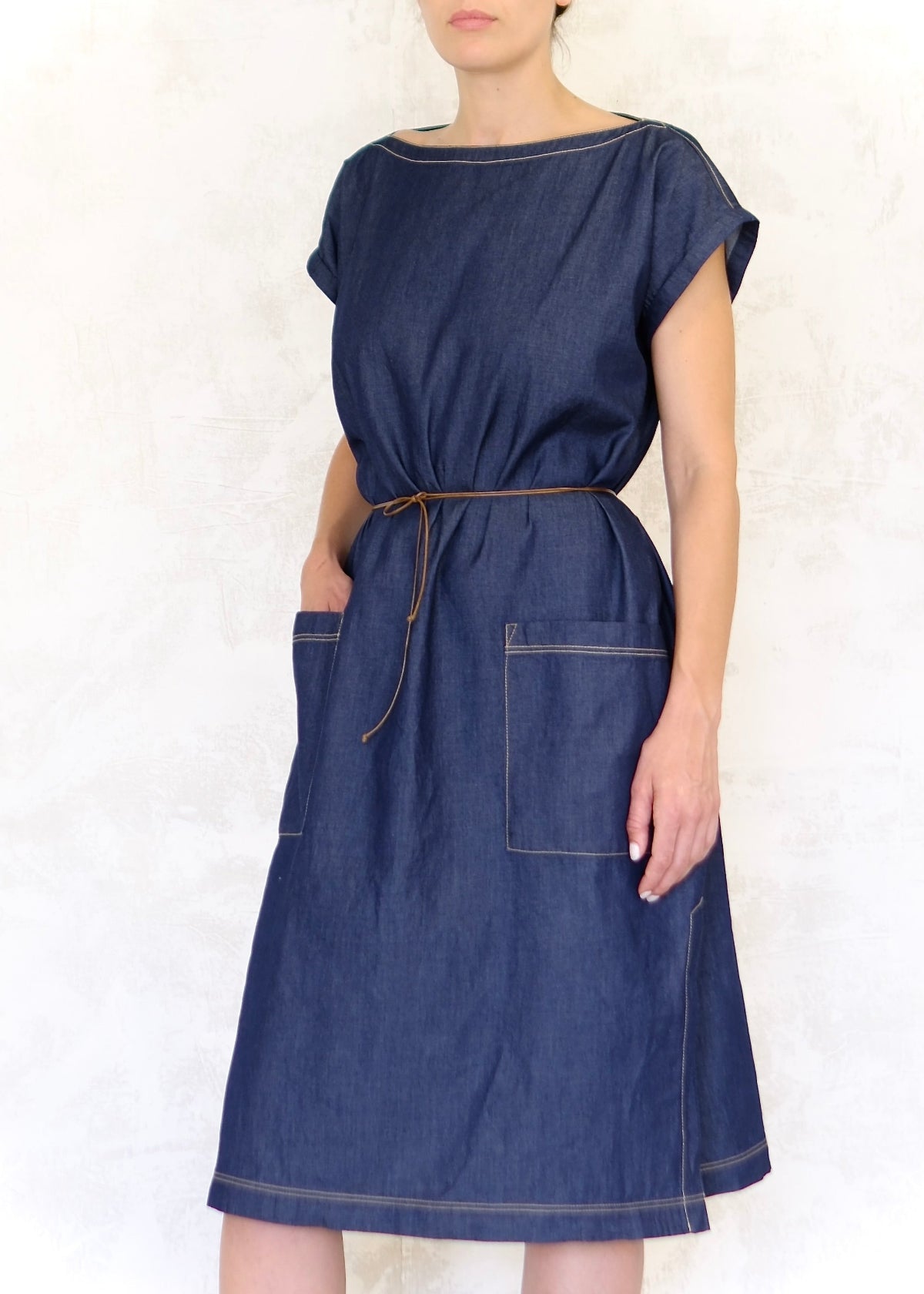 belted denim boat neck dress pockets in front below hips