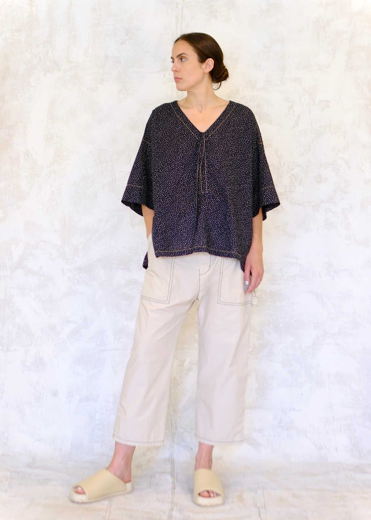 Pullstring Harvest top navy with white dots front