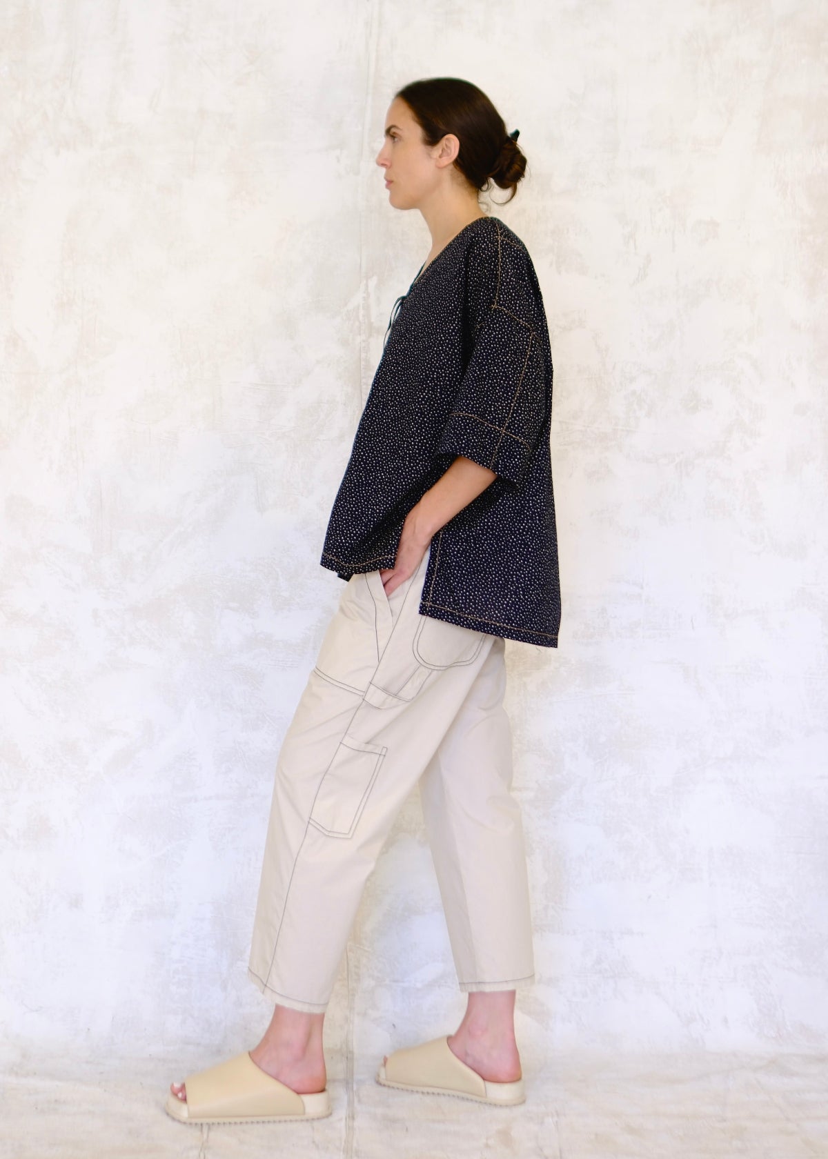 Pullstring Harvest top navy with white dots side