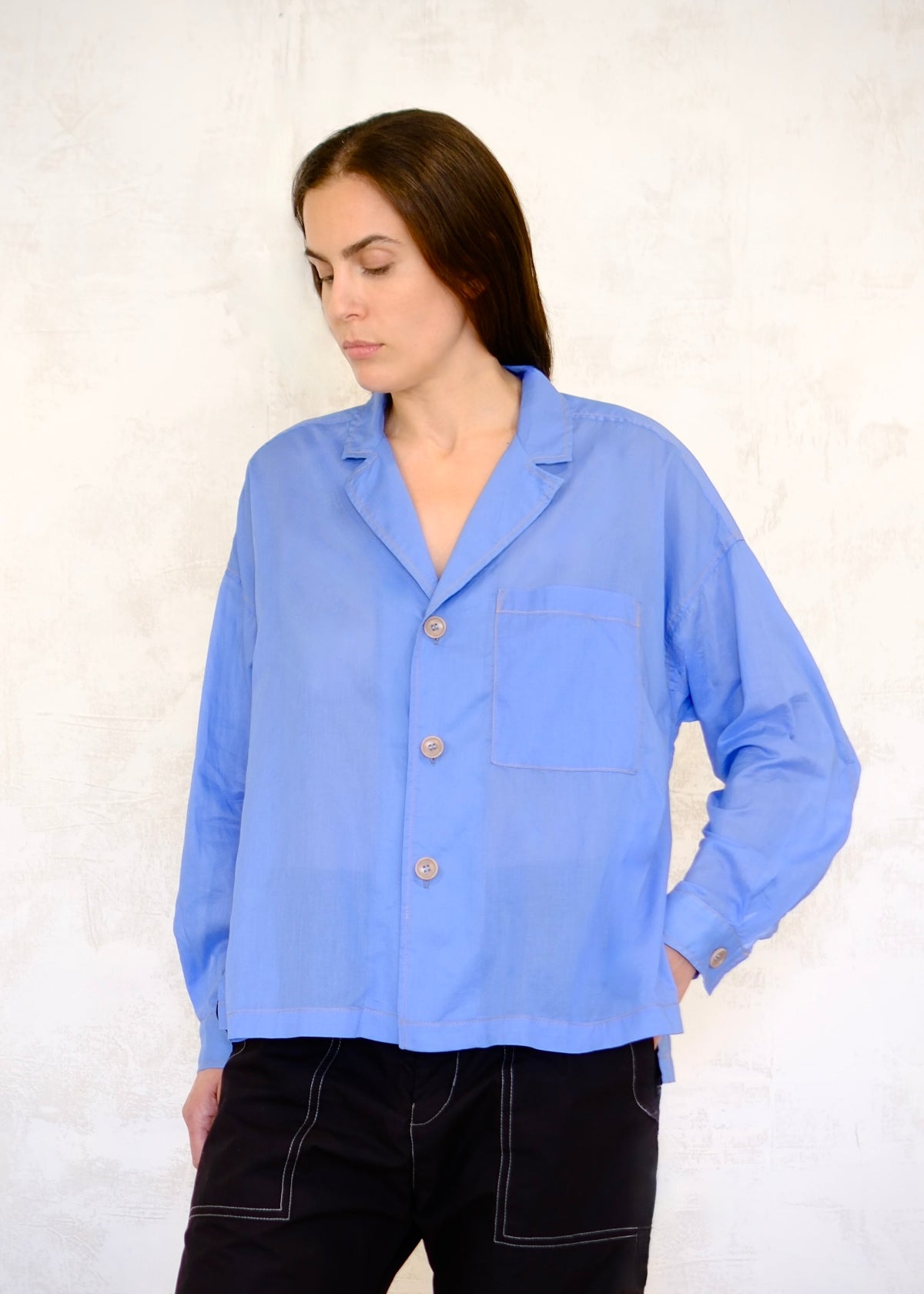 sky blue 3 button down long sleeve top