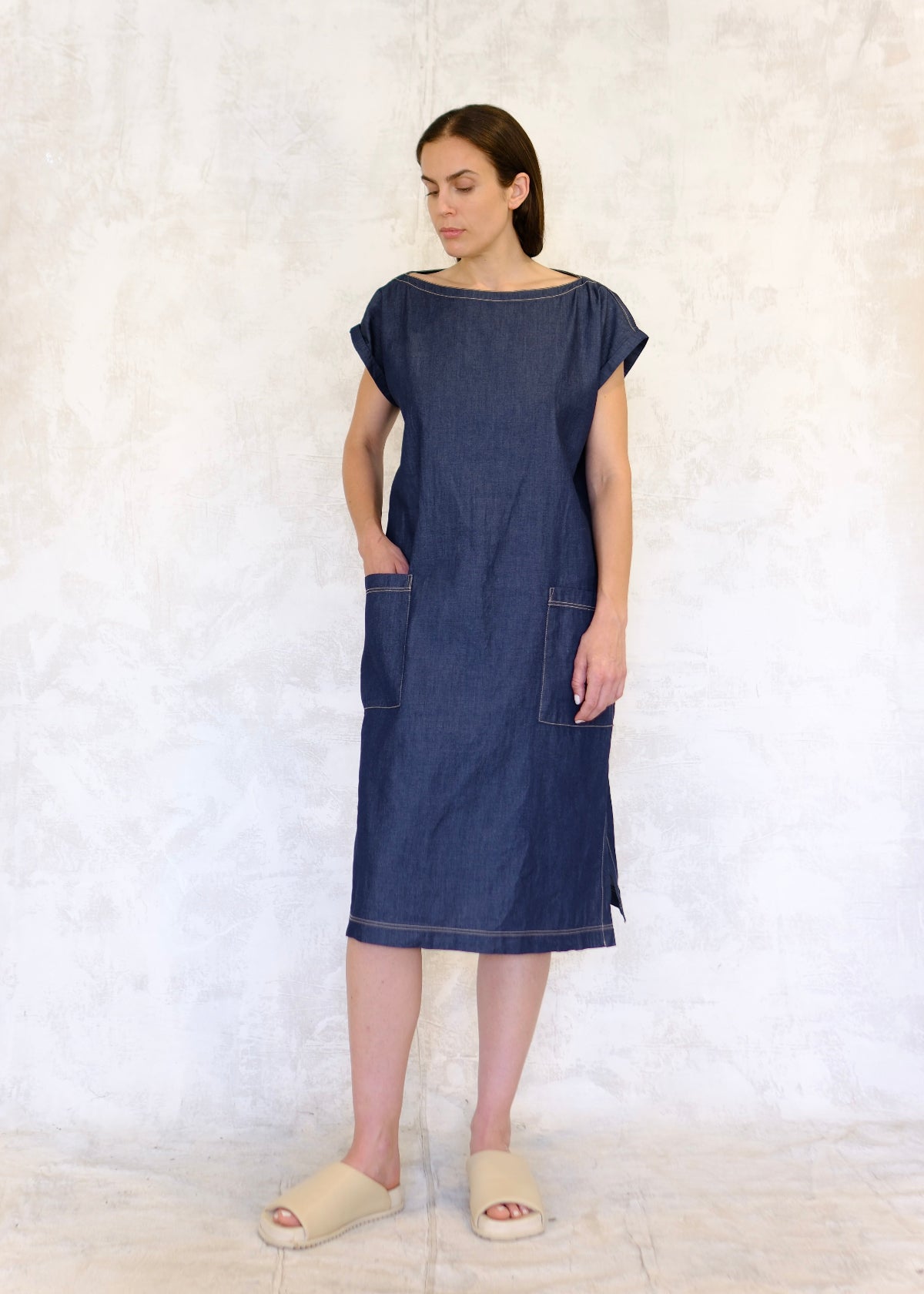 denim boat neck dress cap sleeve and 2 pockets front view
