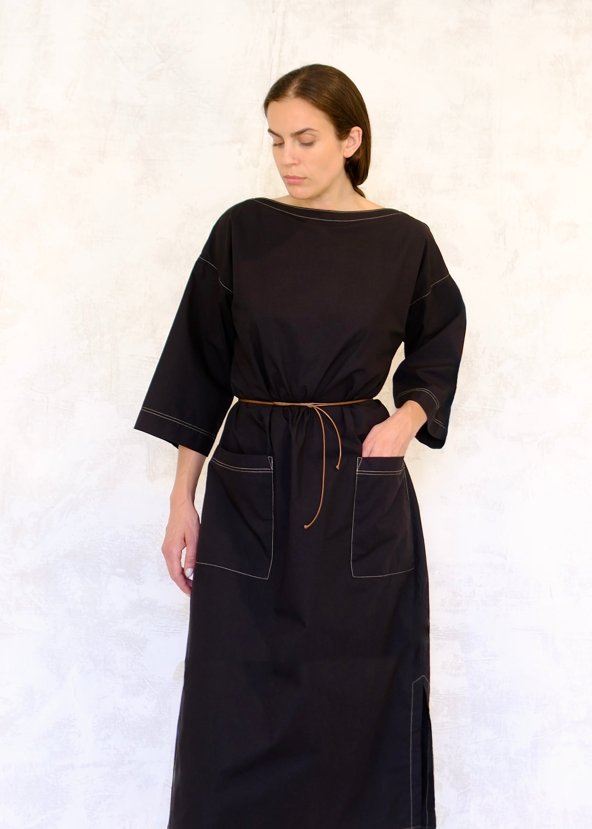 Black Dress belted with 2 pockets front
