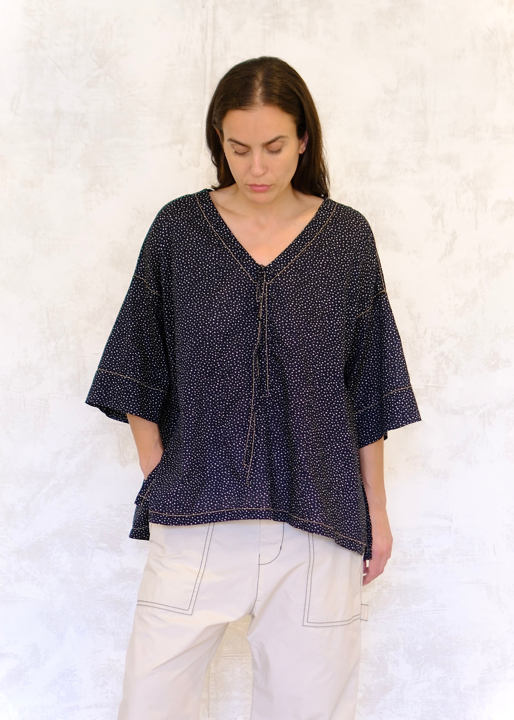 Pullstring Harvest top navy with white dots front