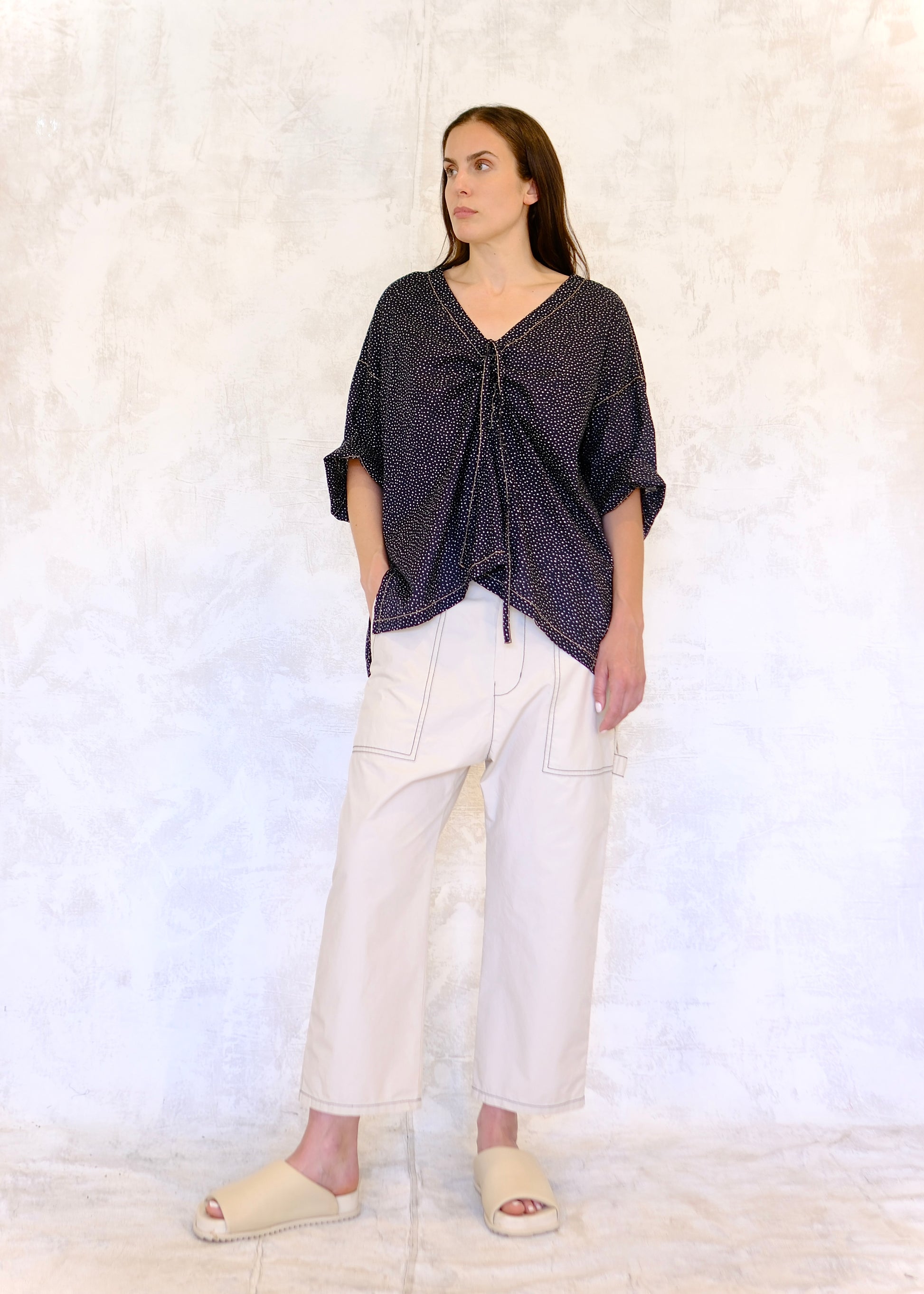 Pullstring Harvest top navy with white dots cinched