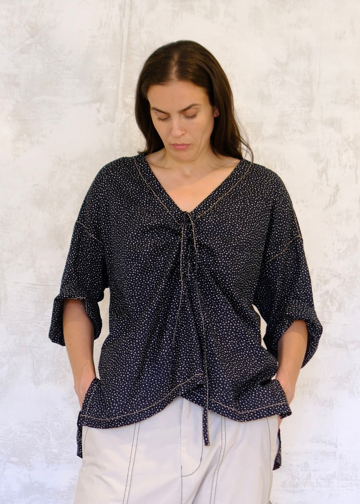 Pullstring Harvest top navy with white dots cinched