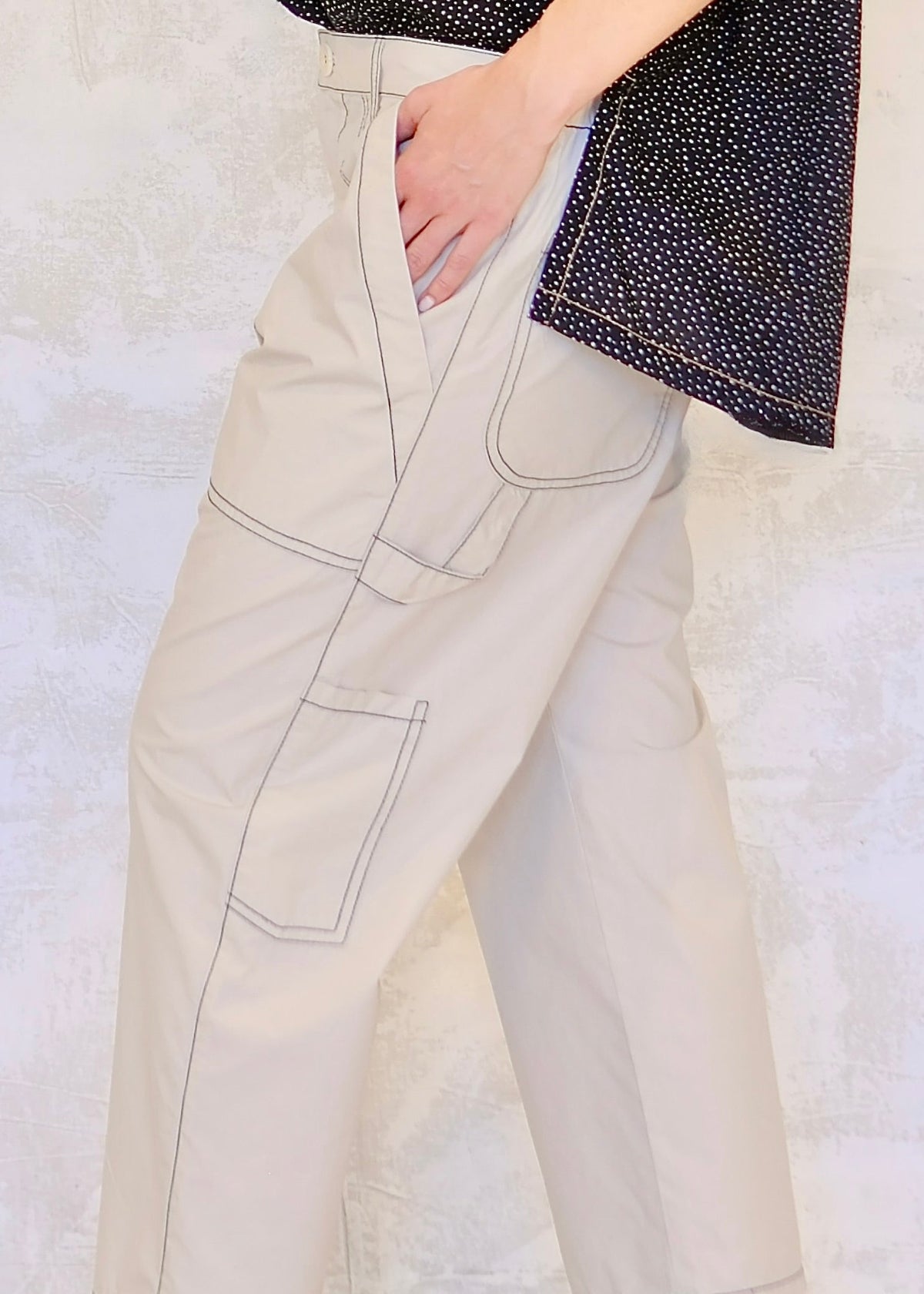 side view light tan poplin pants several pockets