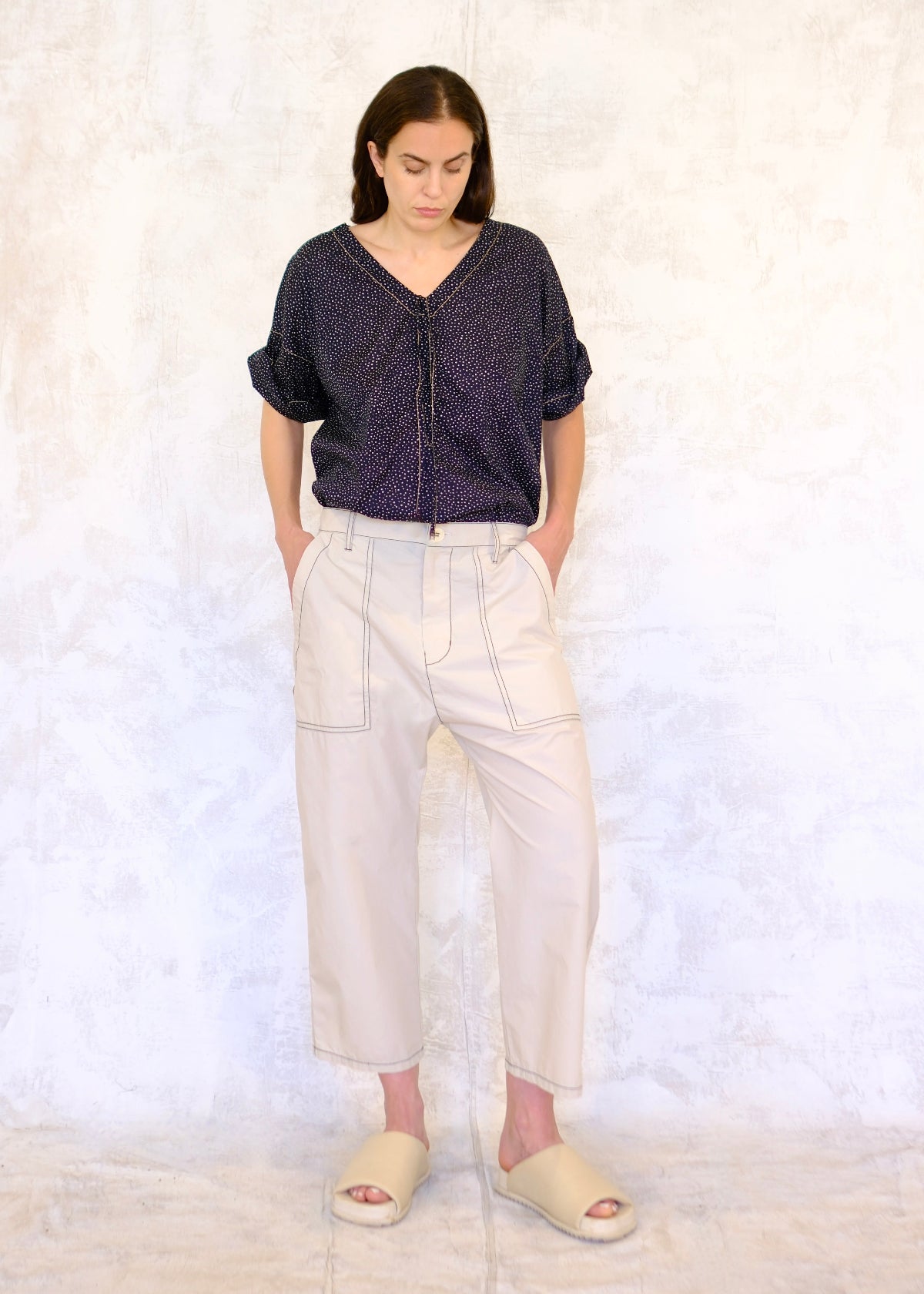 front view white poplin carpenter pants