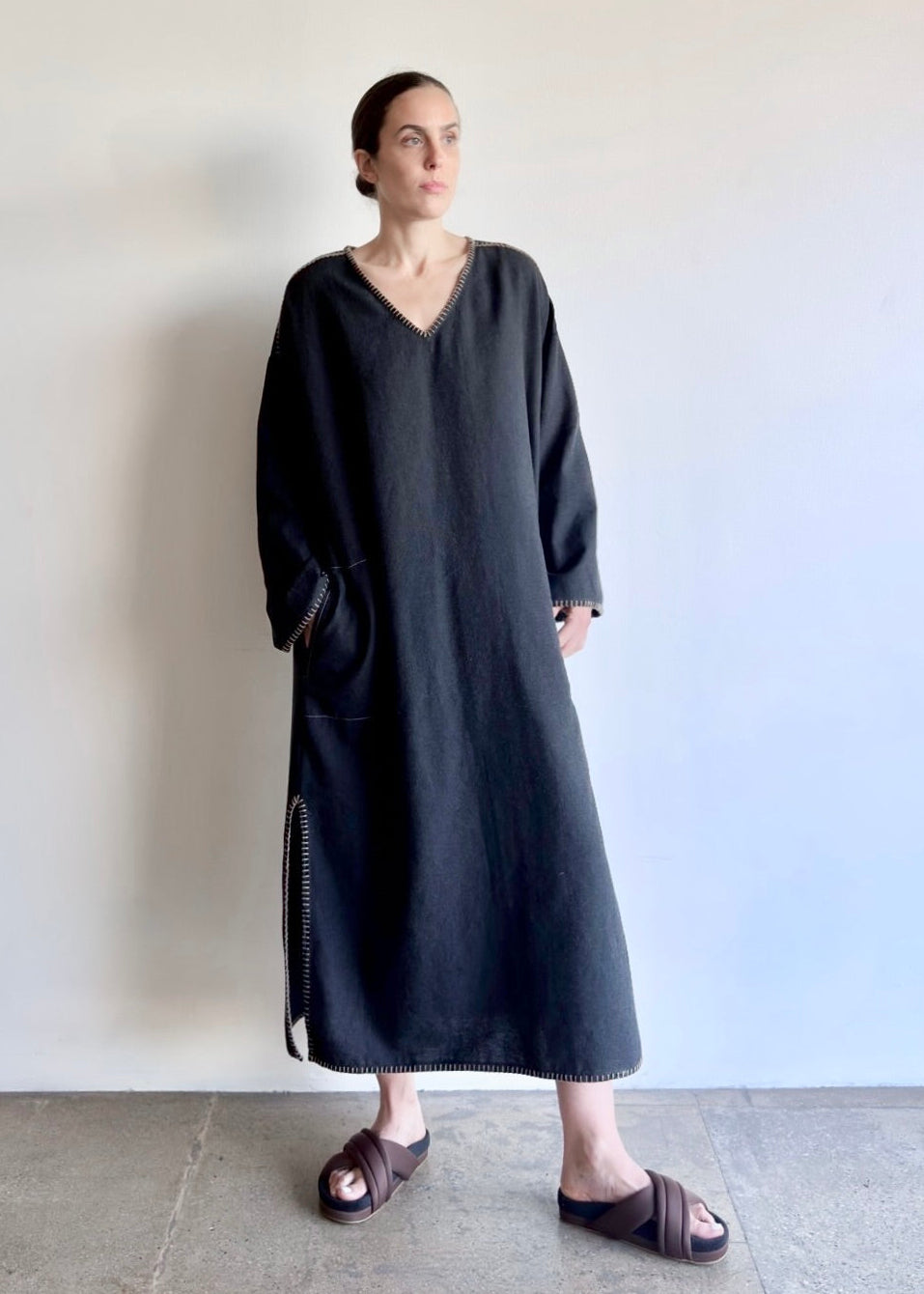 Flannel Poet Dress in soft rayon–cotton blend, shown in front view with V-neckline and long sleeves.