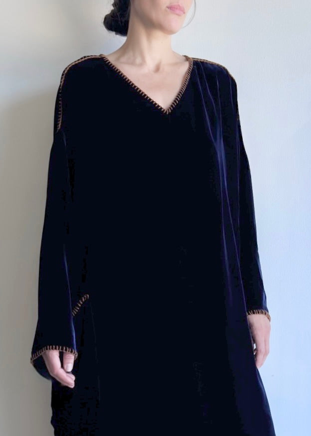 Velvet Poet Dress in cotton–tencel velvet, shown in front view with V-neckline and long sleeves