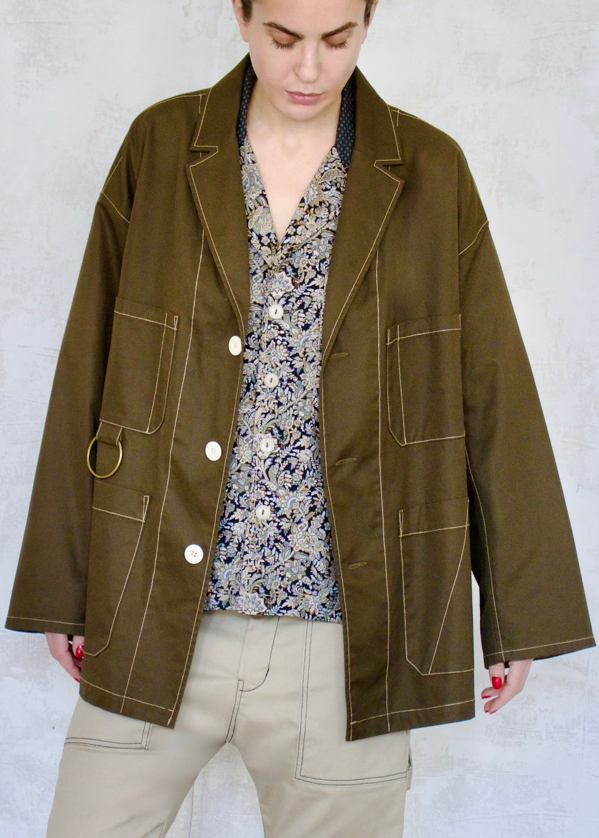 olive cotton utility jacket buttons oversize fit