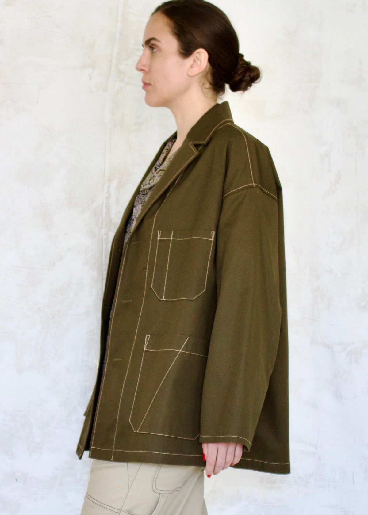 olive cotton utility jacket buttons oversize fit side view