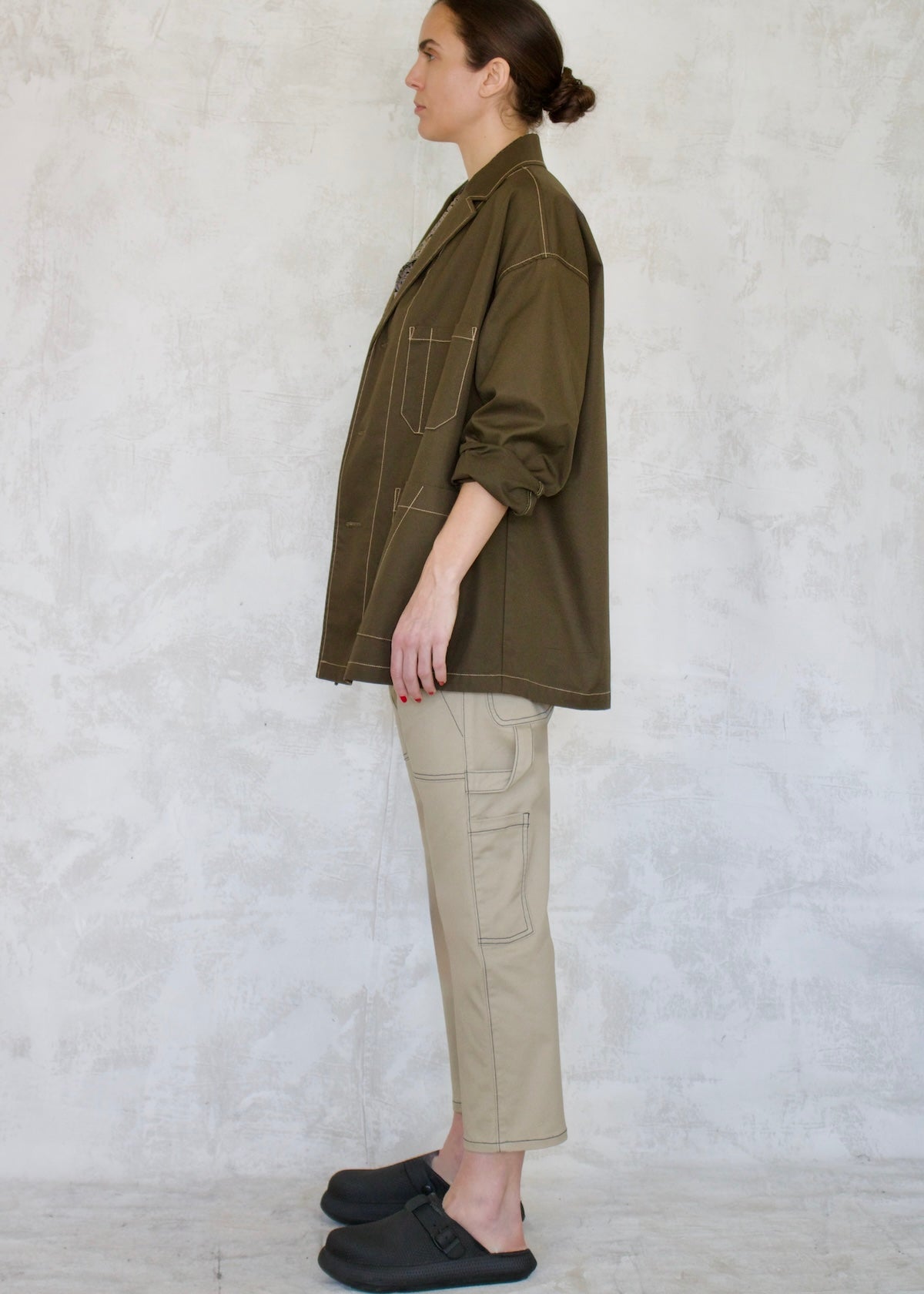 olive cotton utility jacket buttons oversize fit side