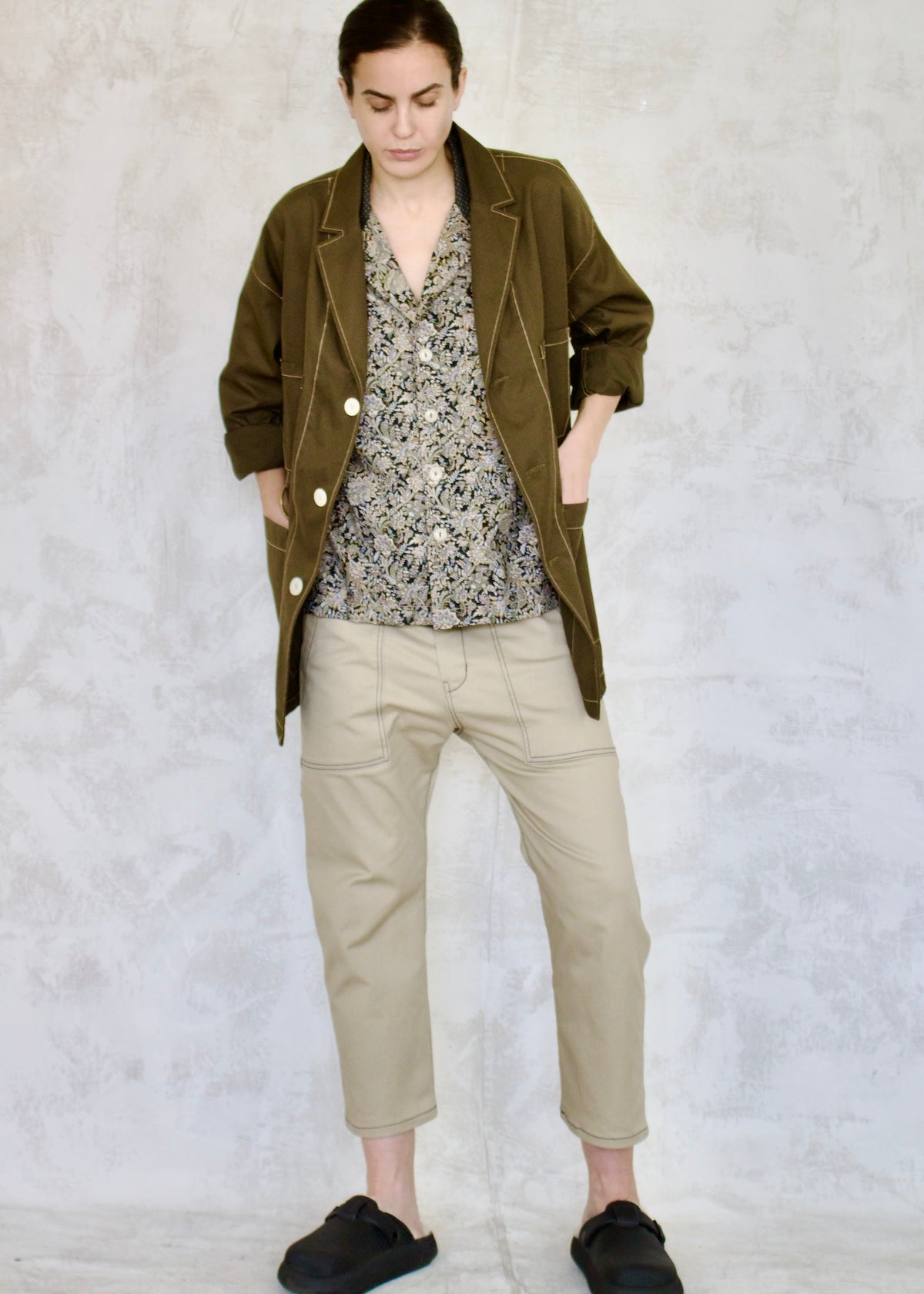 green cotton utility jacket buttons oversize printed button up shirt