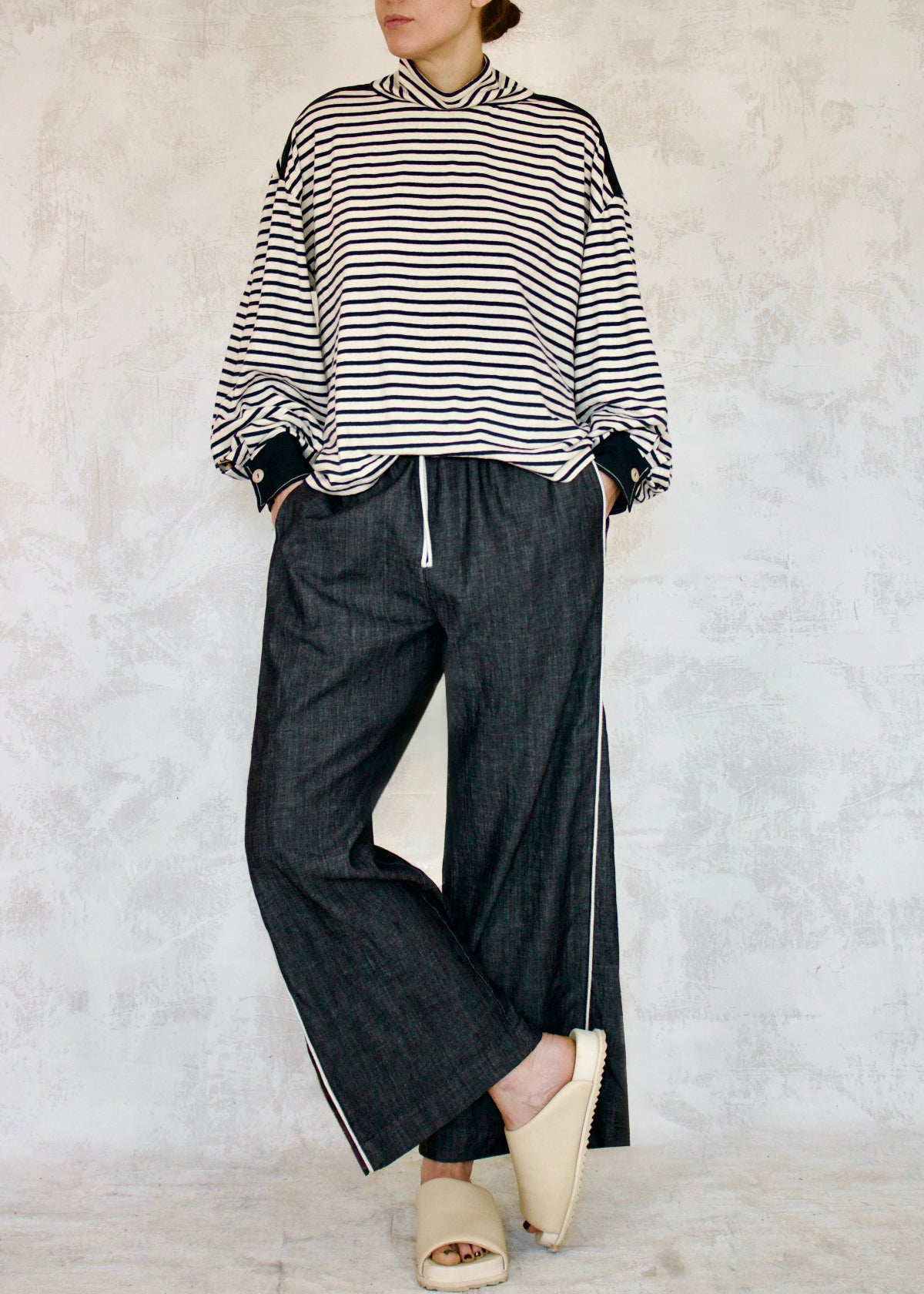 Denim PJ Garner's Pant front with marine stripe cowel neck