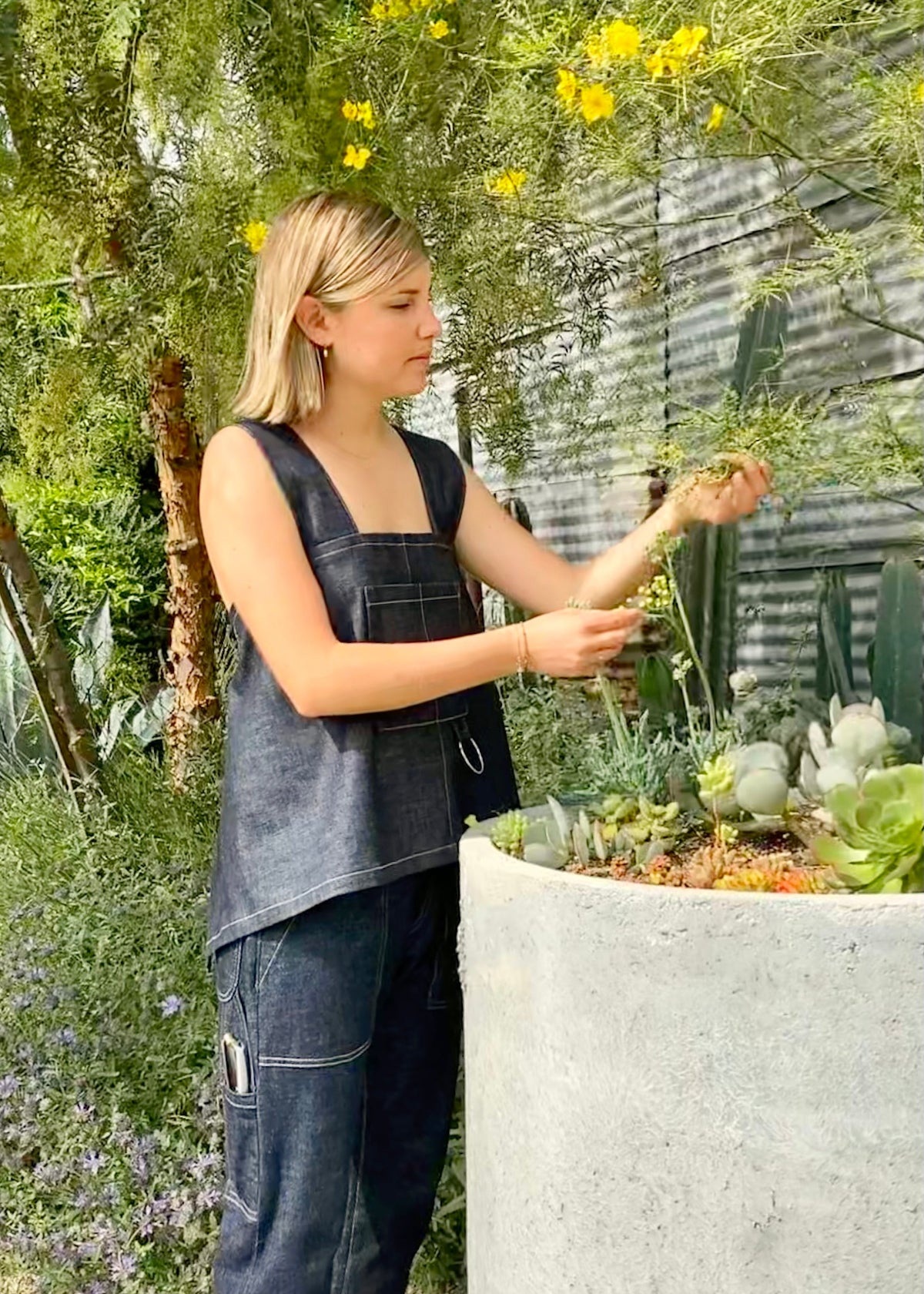 denim short apron top and pants worn while in garden