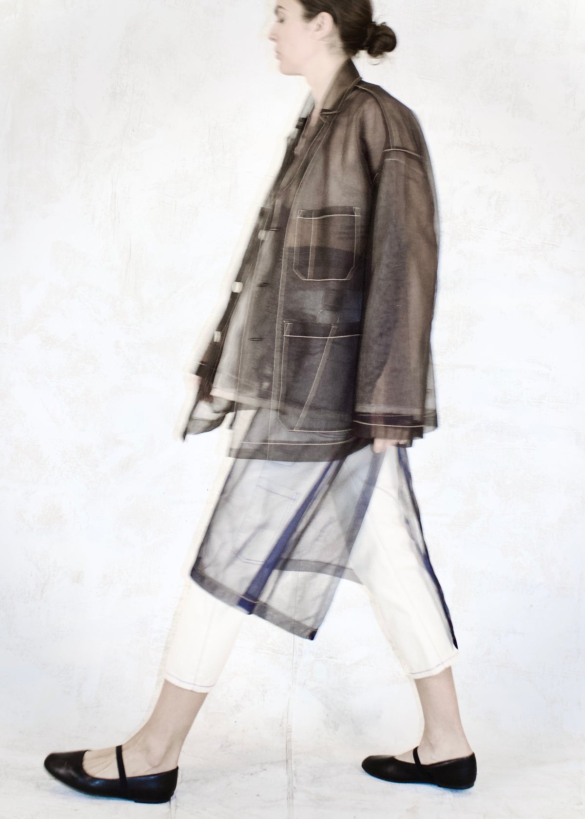 sheer half apron with sheer front pockets and tie waist with matching sheer jacket