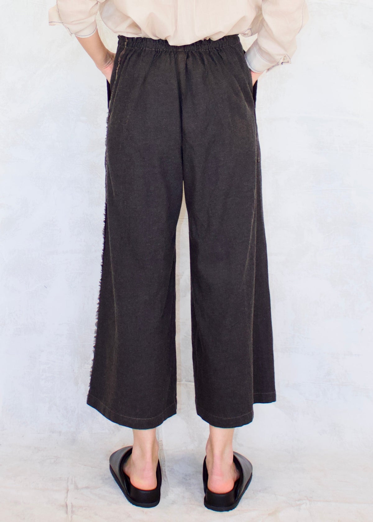 draw string flannel pants brown rear elastic waist