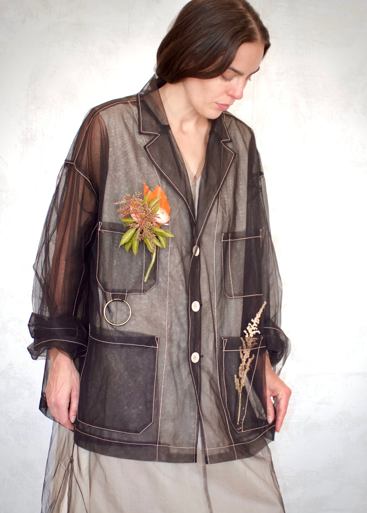 black sheer jacket 4 pockets long sleeve