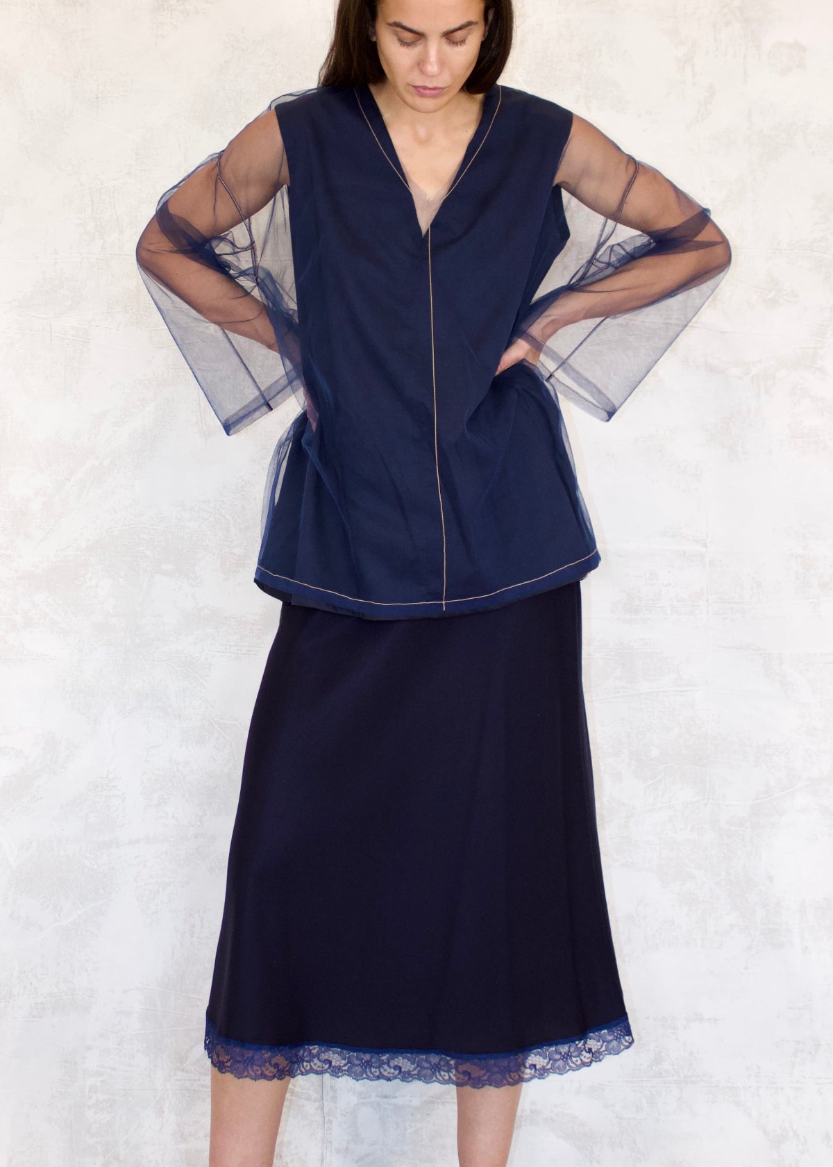 v-neck sleeveless cotton top sheer long sleeve top navy skirt