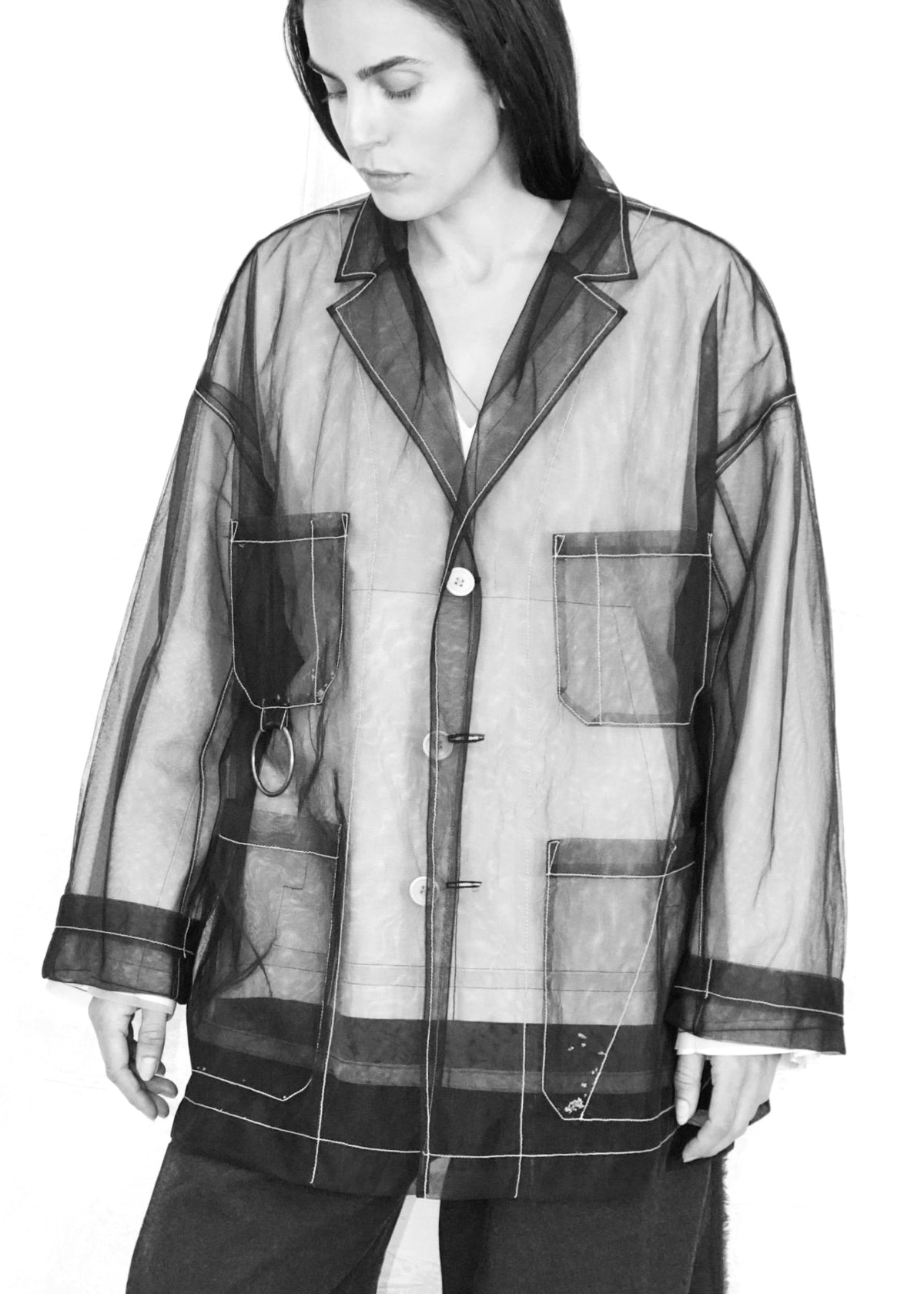 black sheer jacket 4 pockets long sleeve