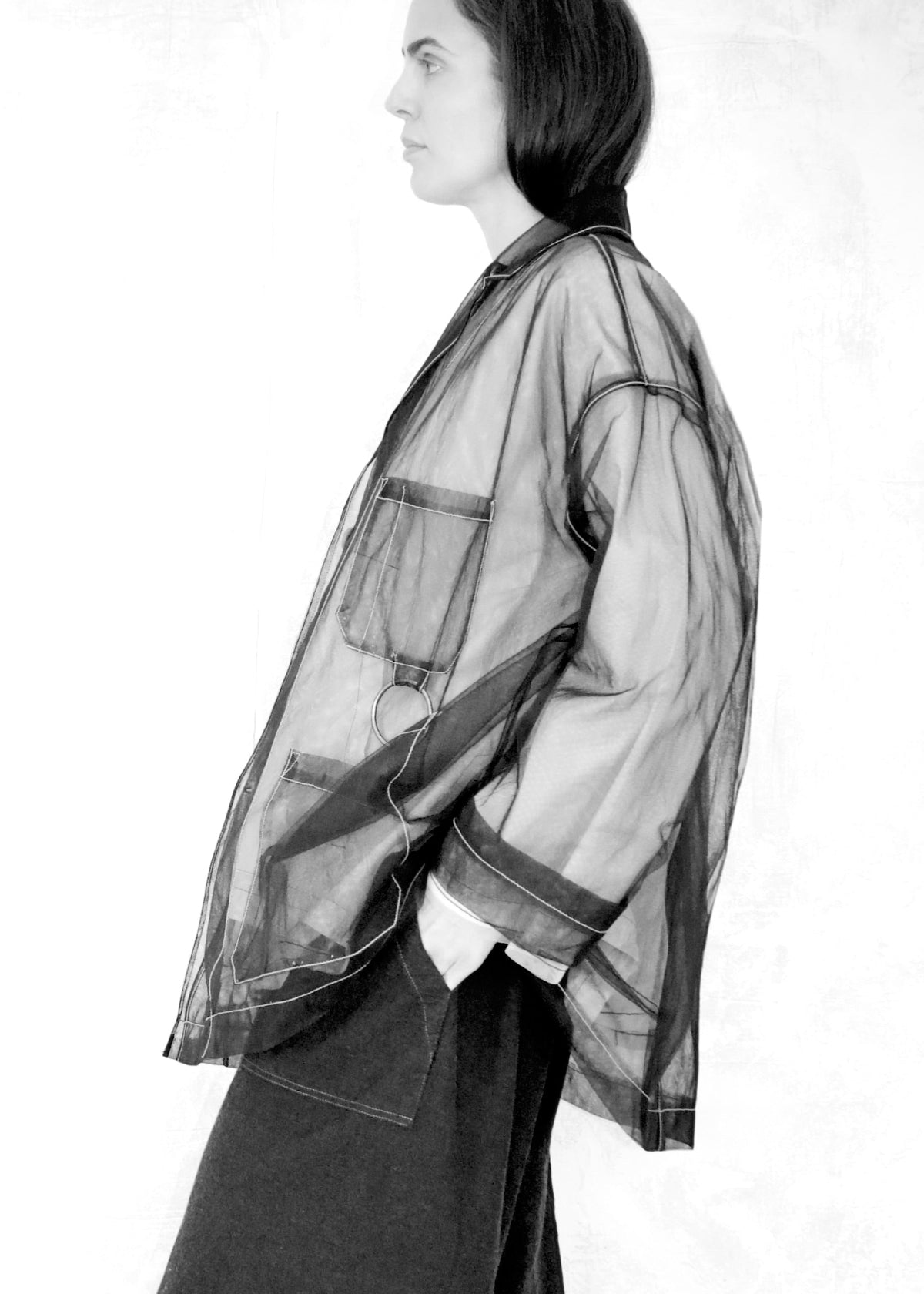 black sheer jacket 4 pockets long sleeve side view