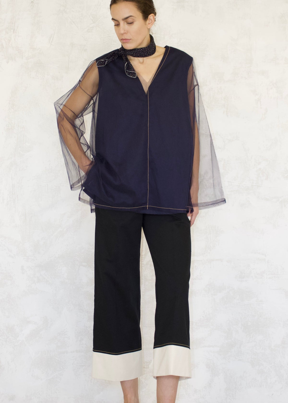 v-neck sleeveless cotton top with sheer v neck long sleeve pullover layer scarf