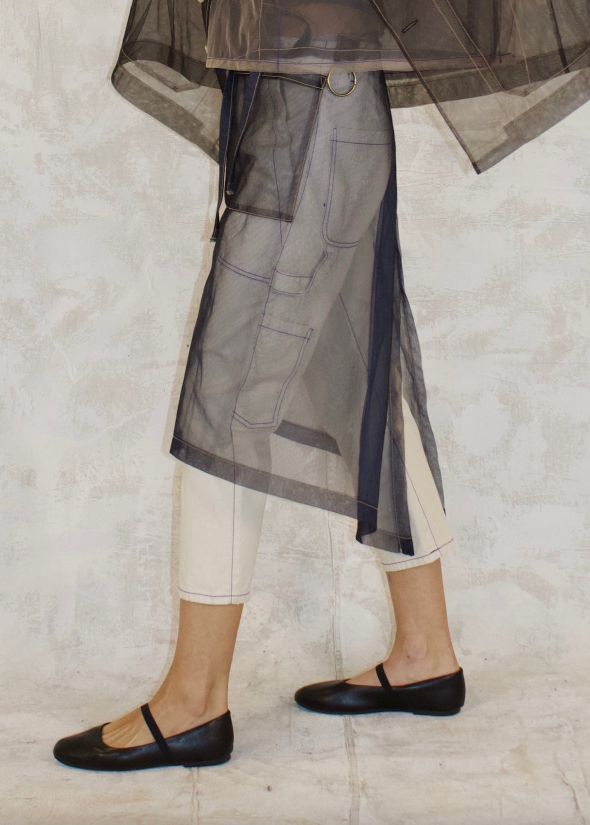 sheer half apron with sheer front pockets and tie waist