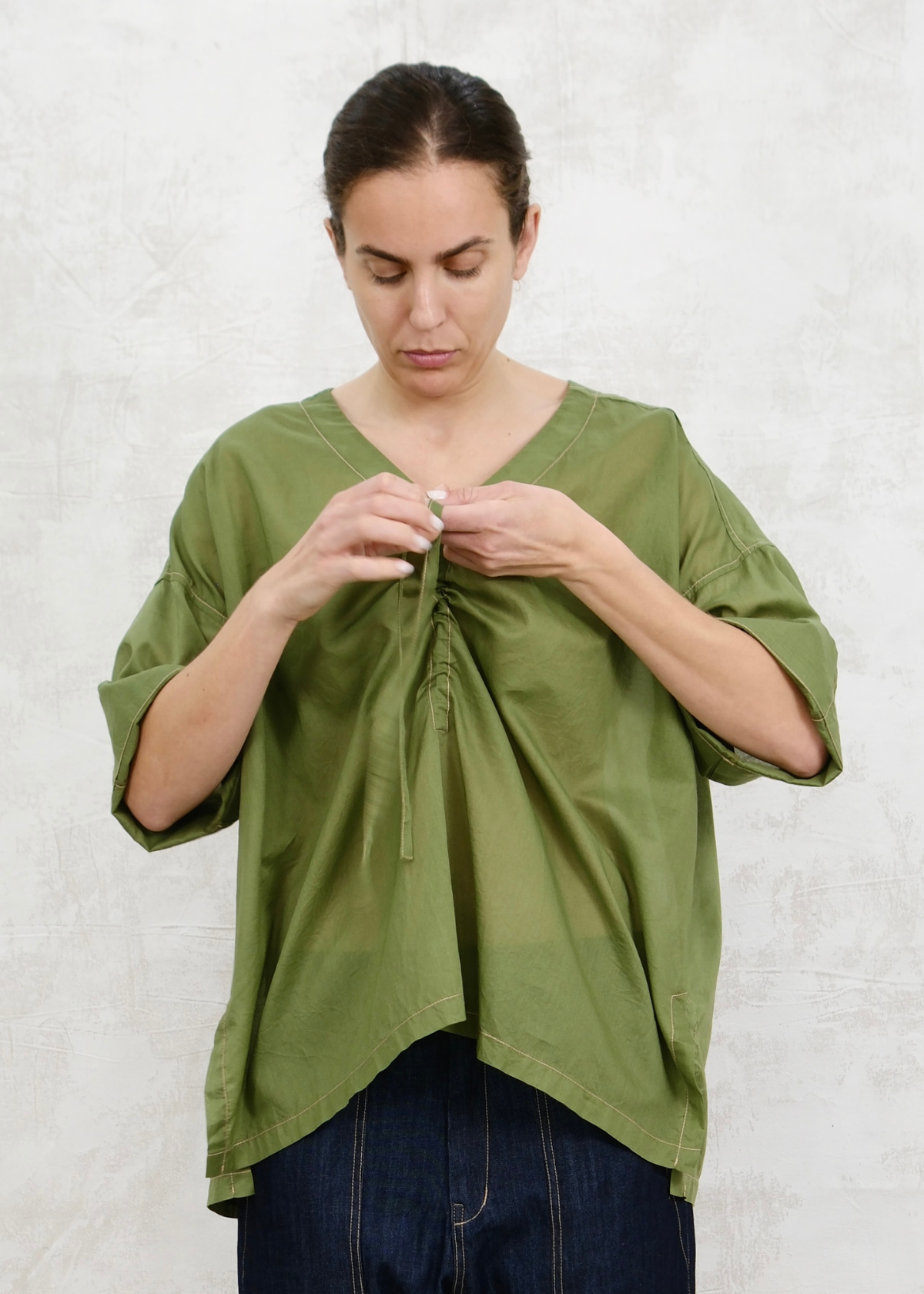 Pullstring harvest top green front gathered