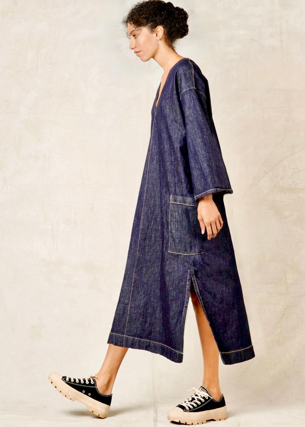 navy Denim Lanatus Dress on woman side view