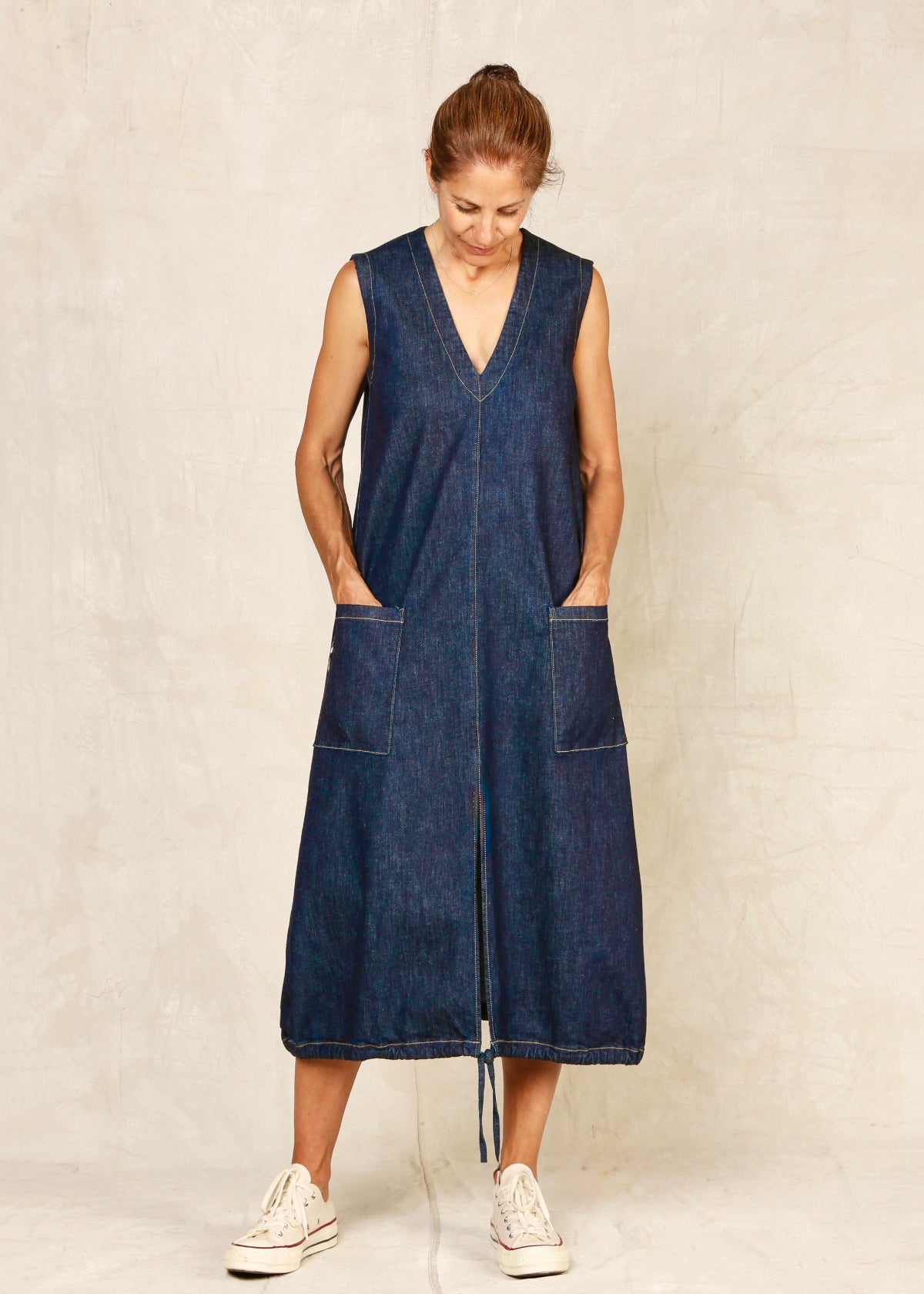 sleeveless v-neck denim dress pockets caftan