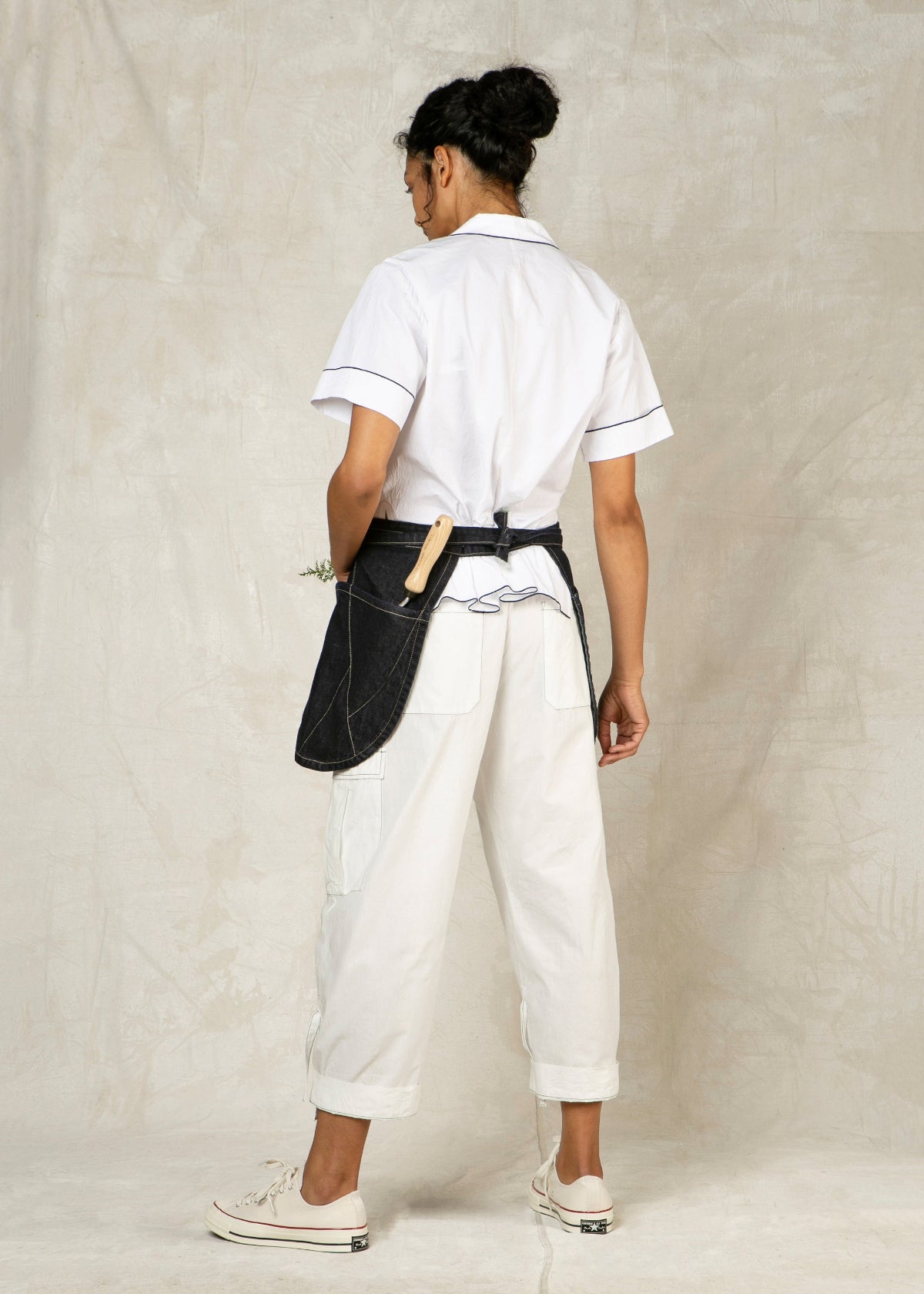 short denim apron with large front pouch pocket back view