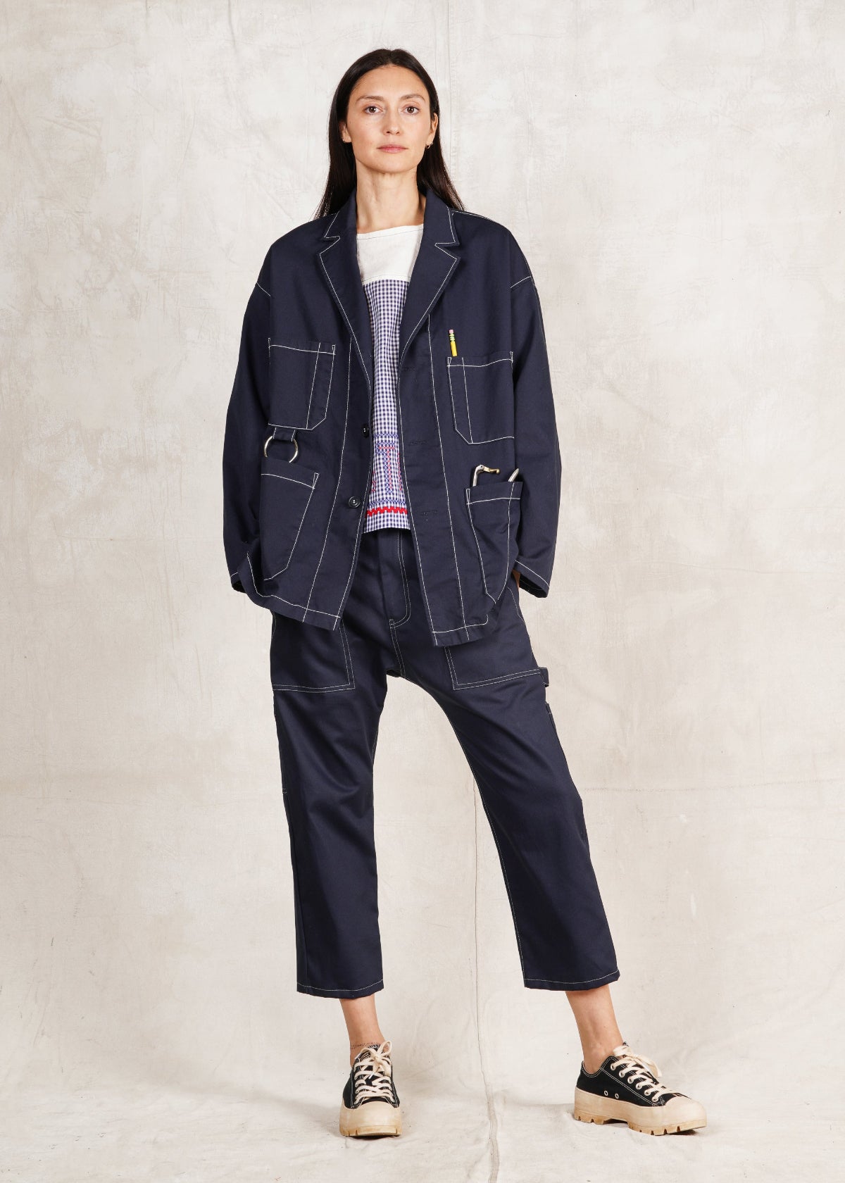 navy blue indigo cotton utility jacket buttons oversize fit