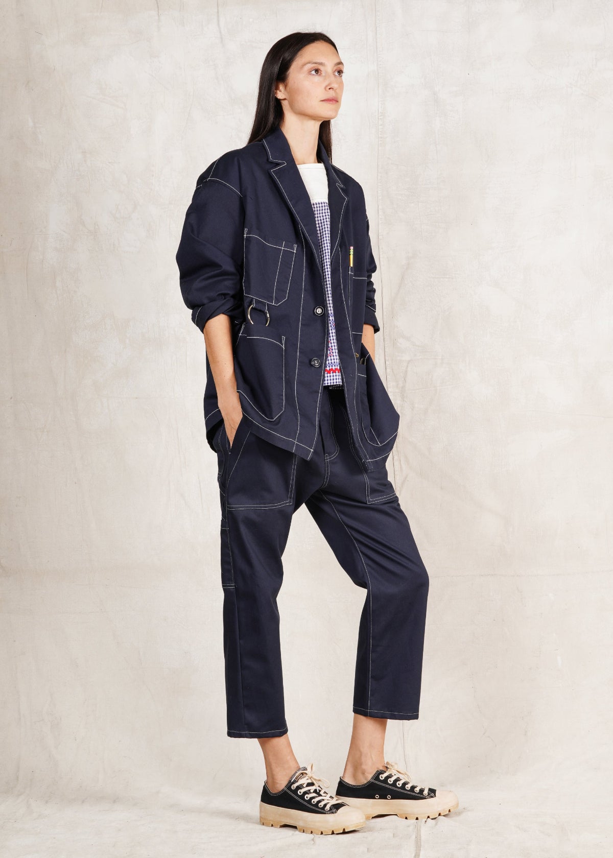 indigo cotton utility jacket buttons oversize fit with matching navy twill cropped pants