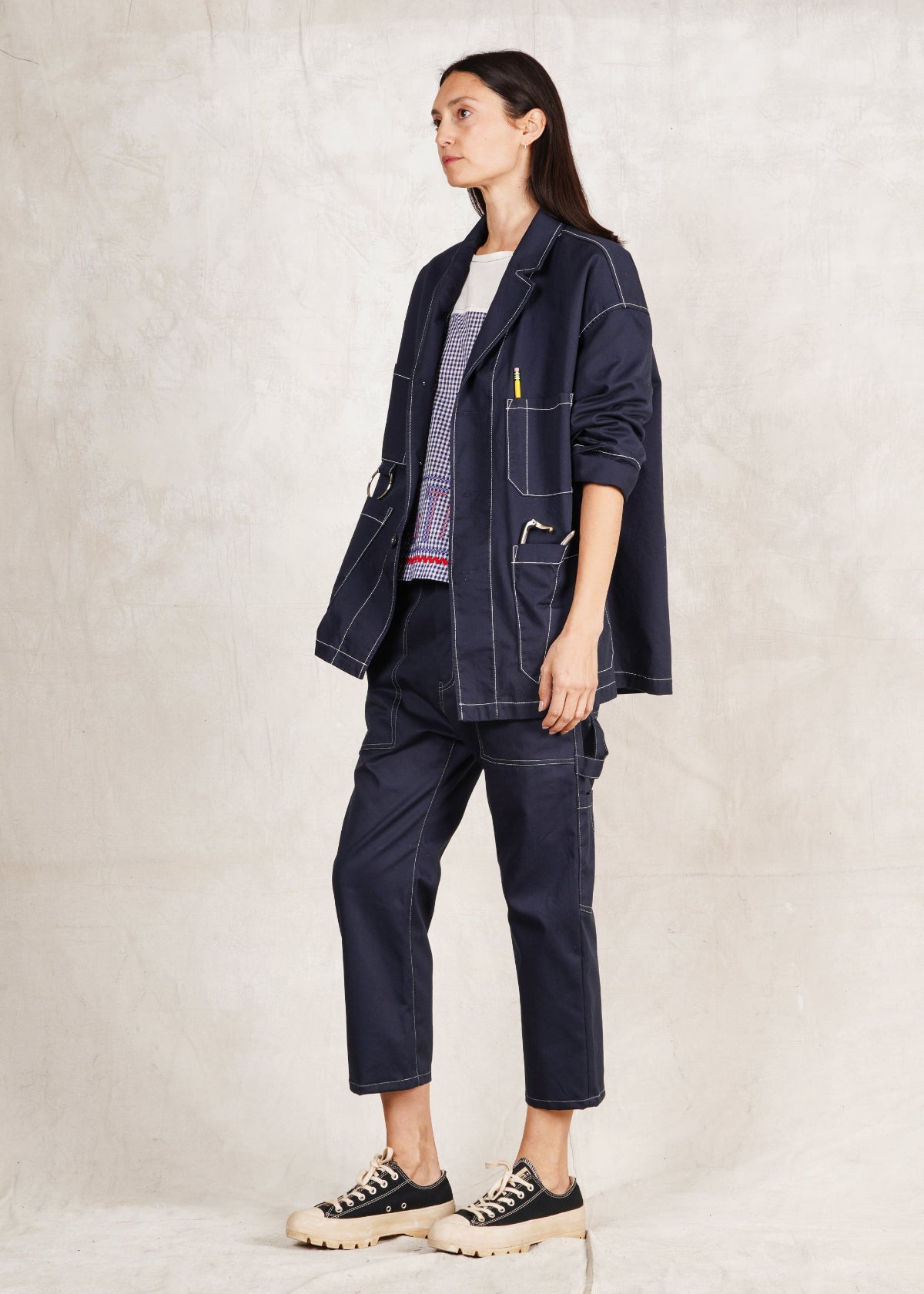 indigo cotton utility jacket buttons oversize fit with matching navy twill cropped pants