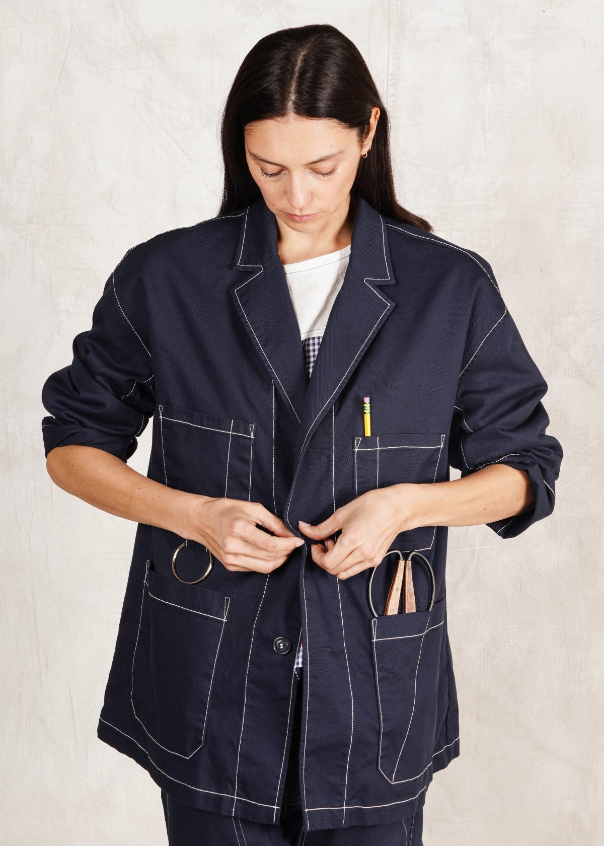 indigo cotton utility jacket buttons oversize fit tools in pockets