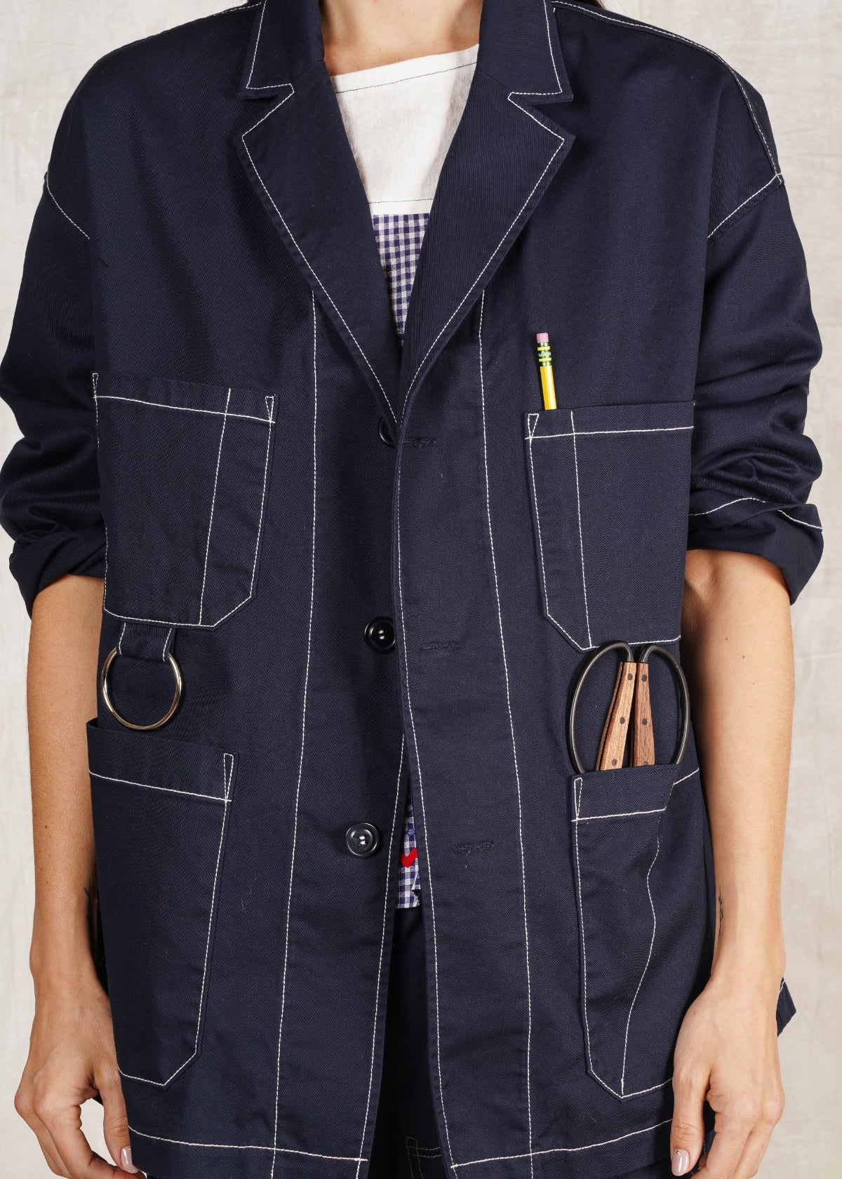 indigo cotton utility jacket buttons oversize fit tools in pockets
