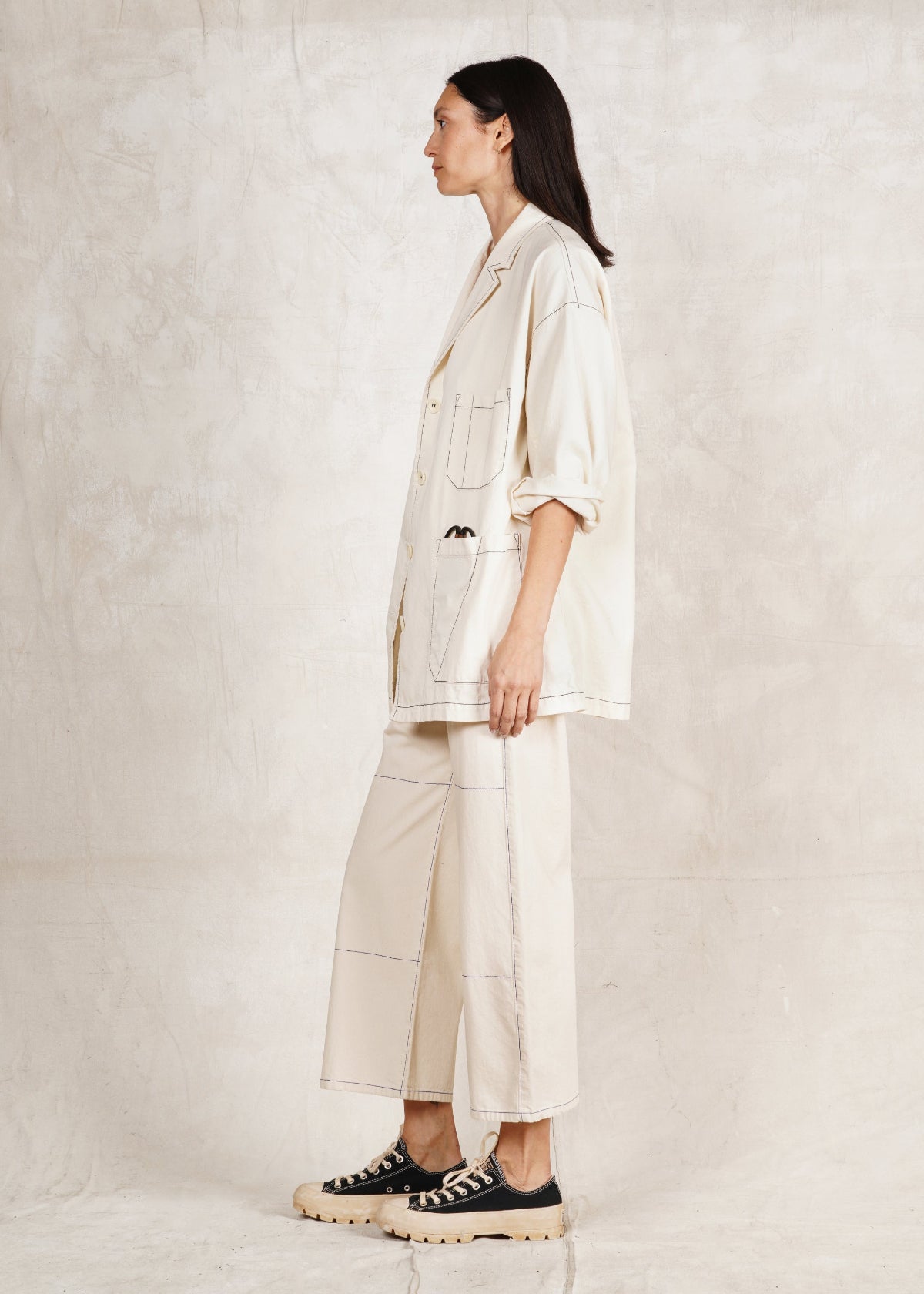 oat cotton utility jacket buttons oversize with matching natural denim pants