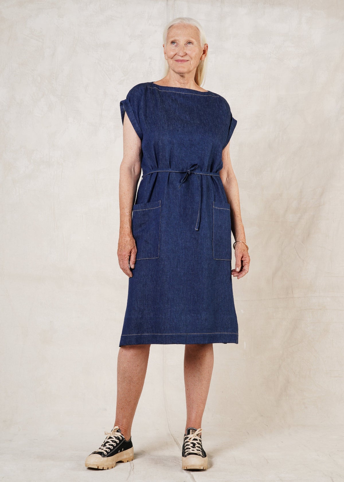 belted denim boat neck dress