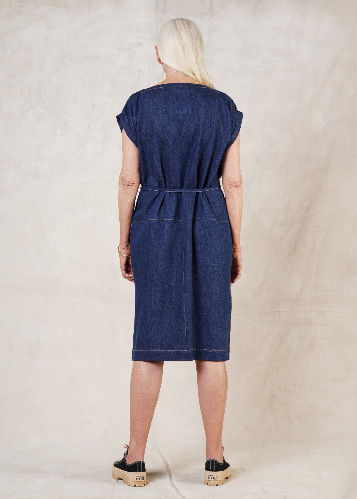 belted denim boat neck dress rear view