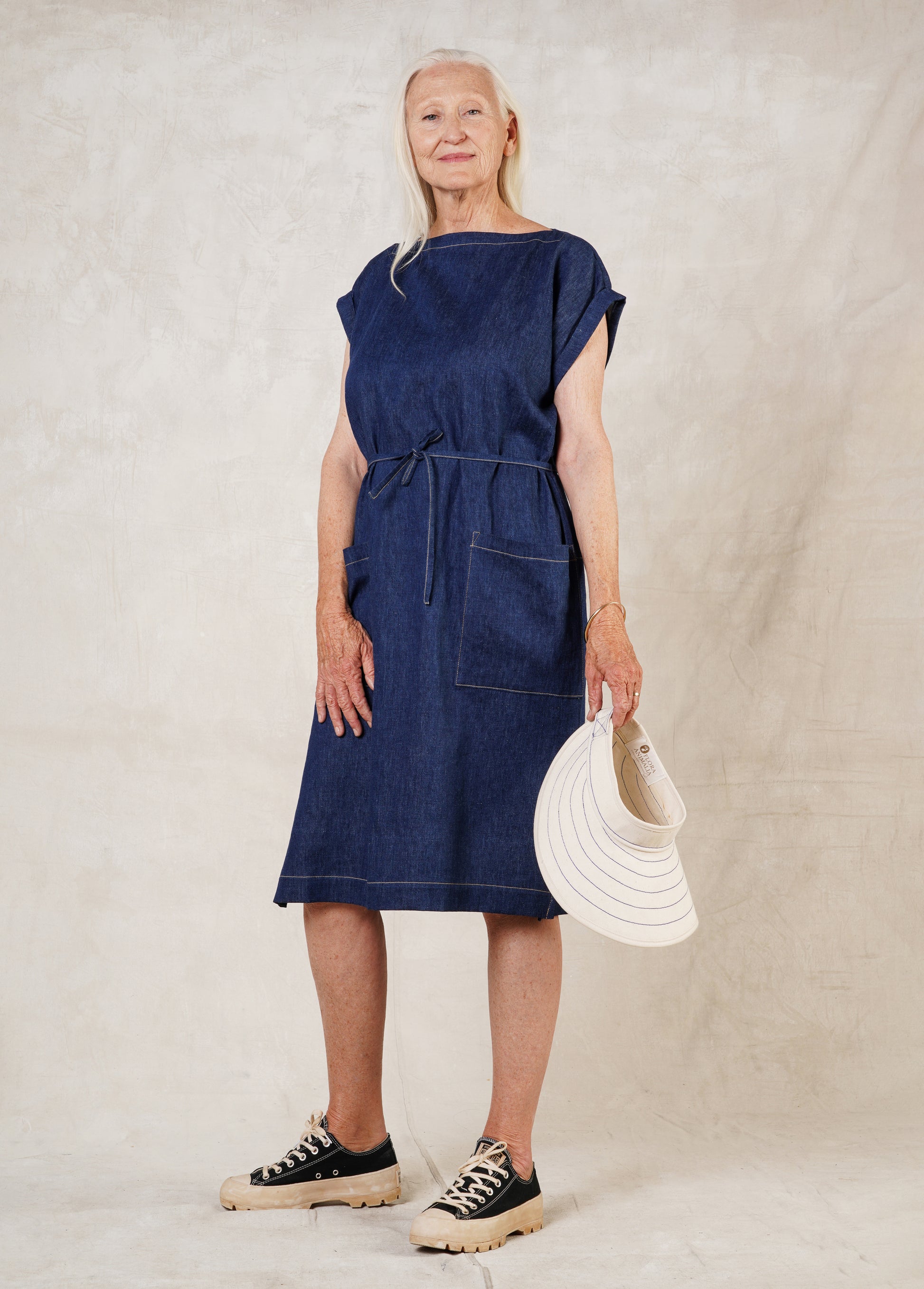 belted denim boat neck dress 3/4