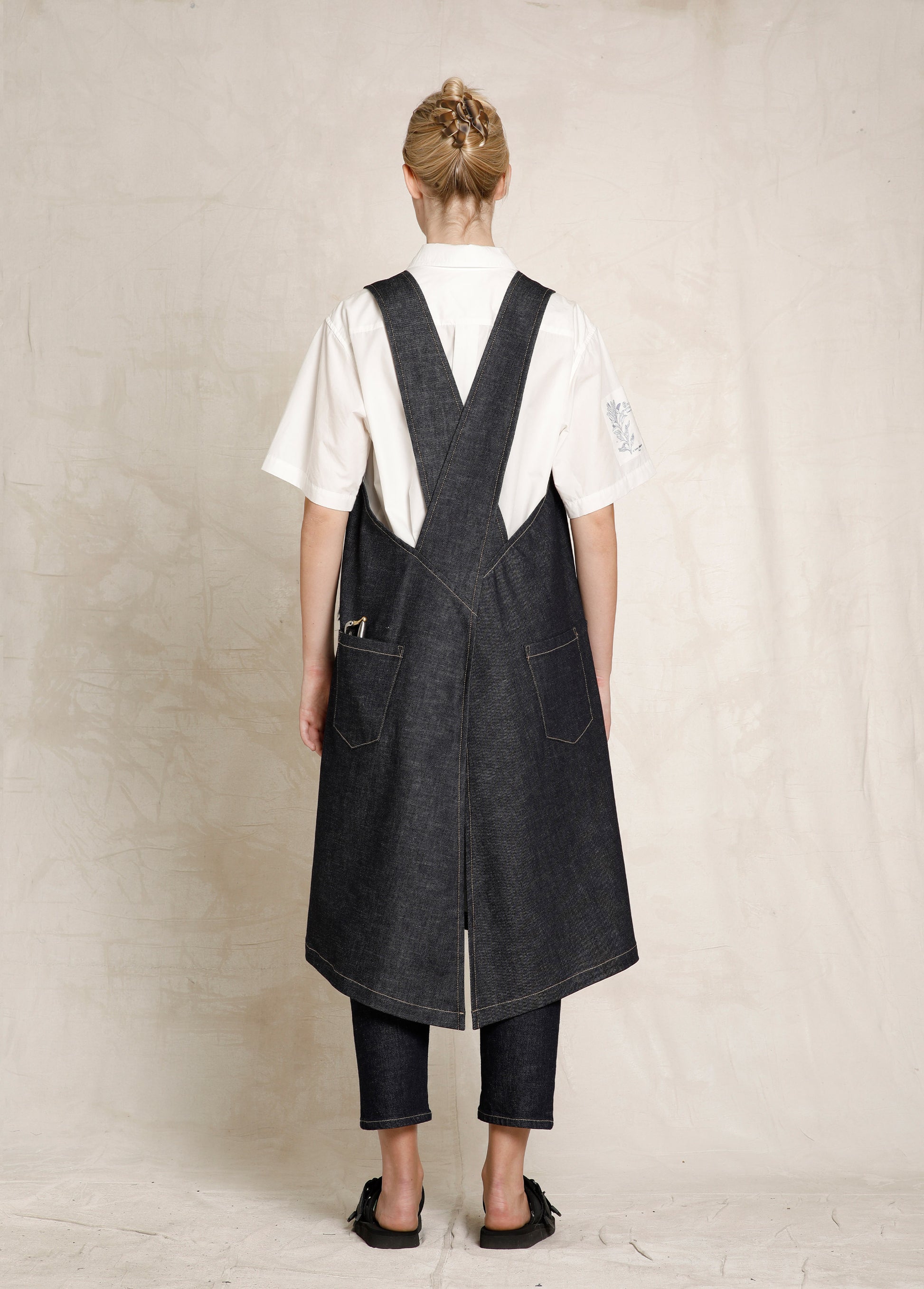 indigo denim back view apron