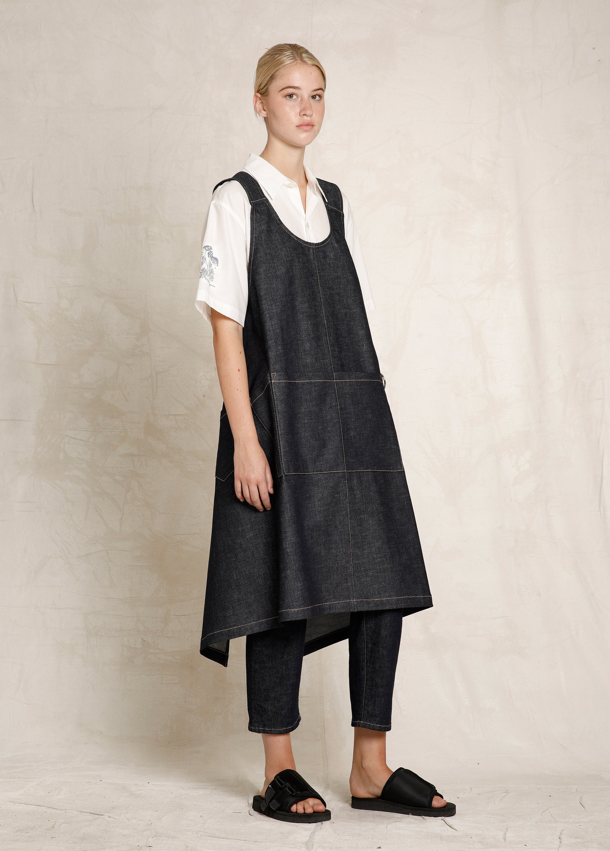 indigo denim pinafore apron front