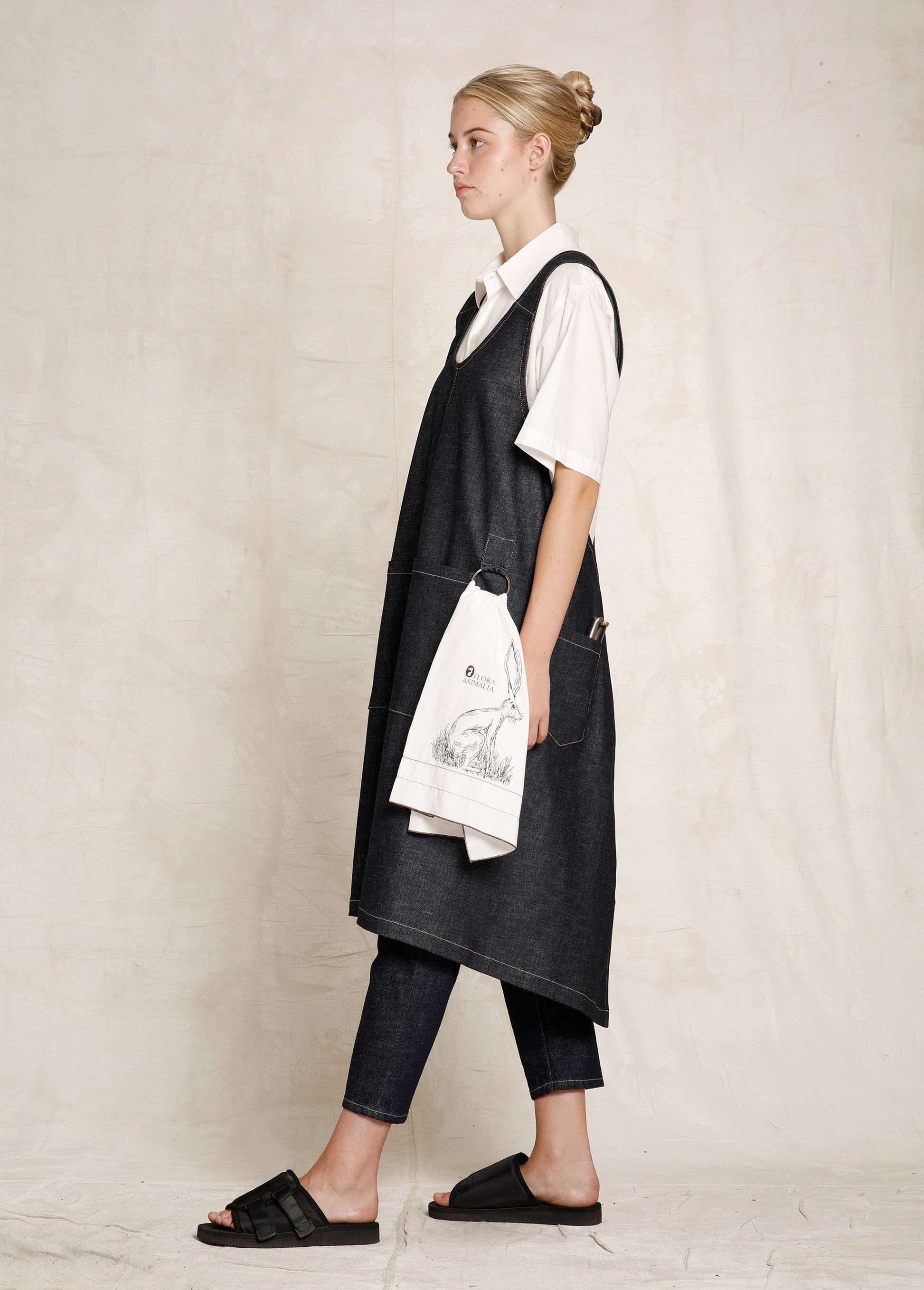 indigo denim side view apron