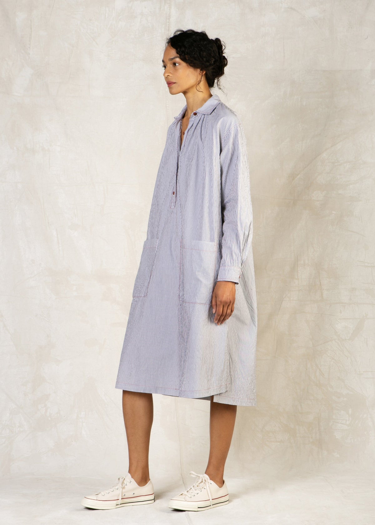 cotton long sleeve collared stripe dress side patch pockets