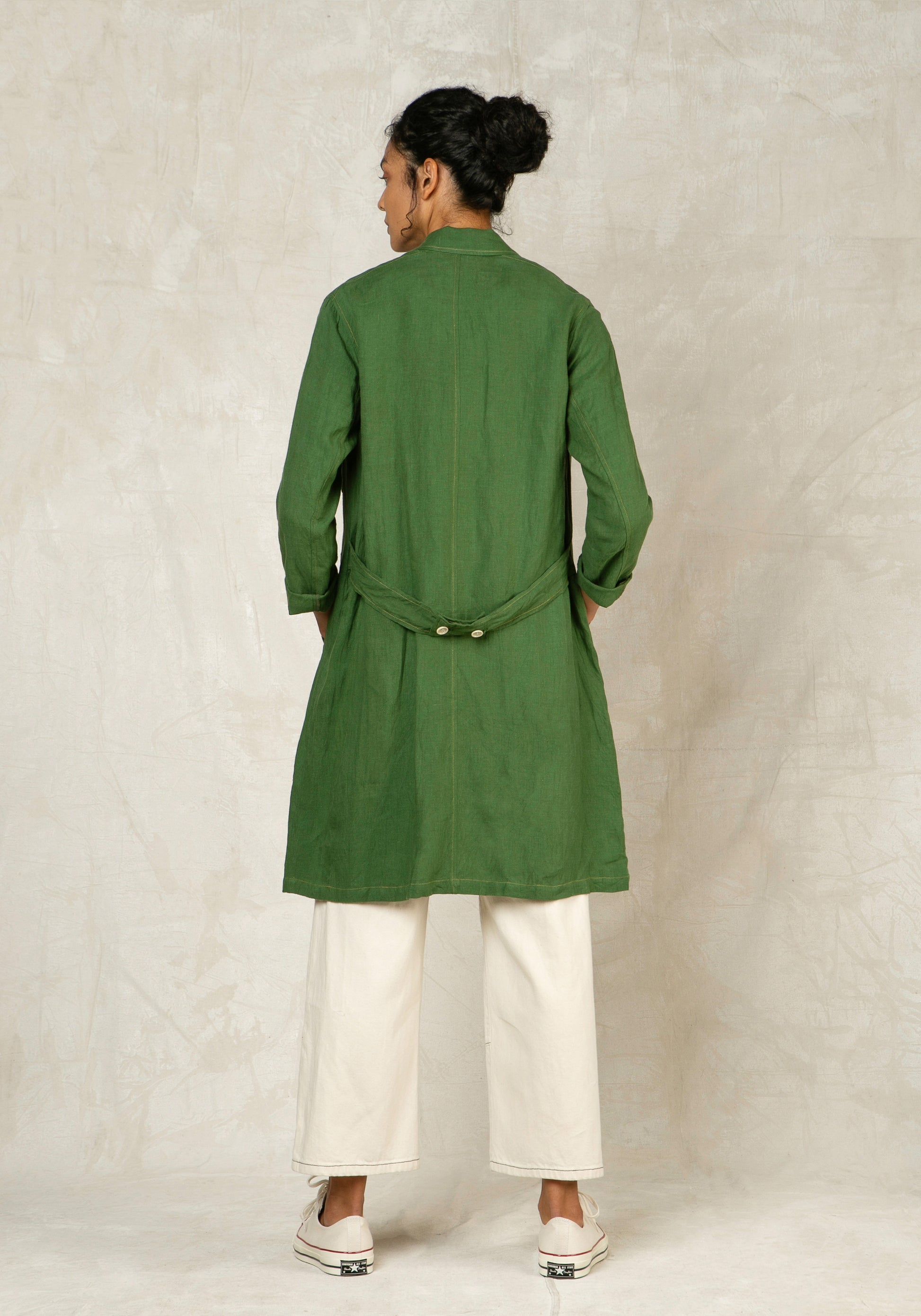 grass green mid length button down linen coat back