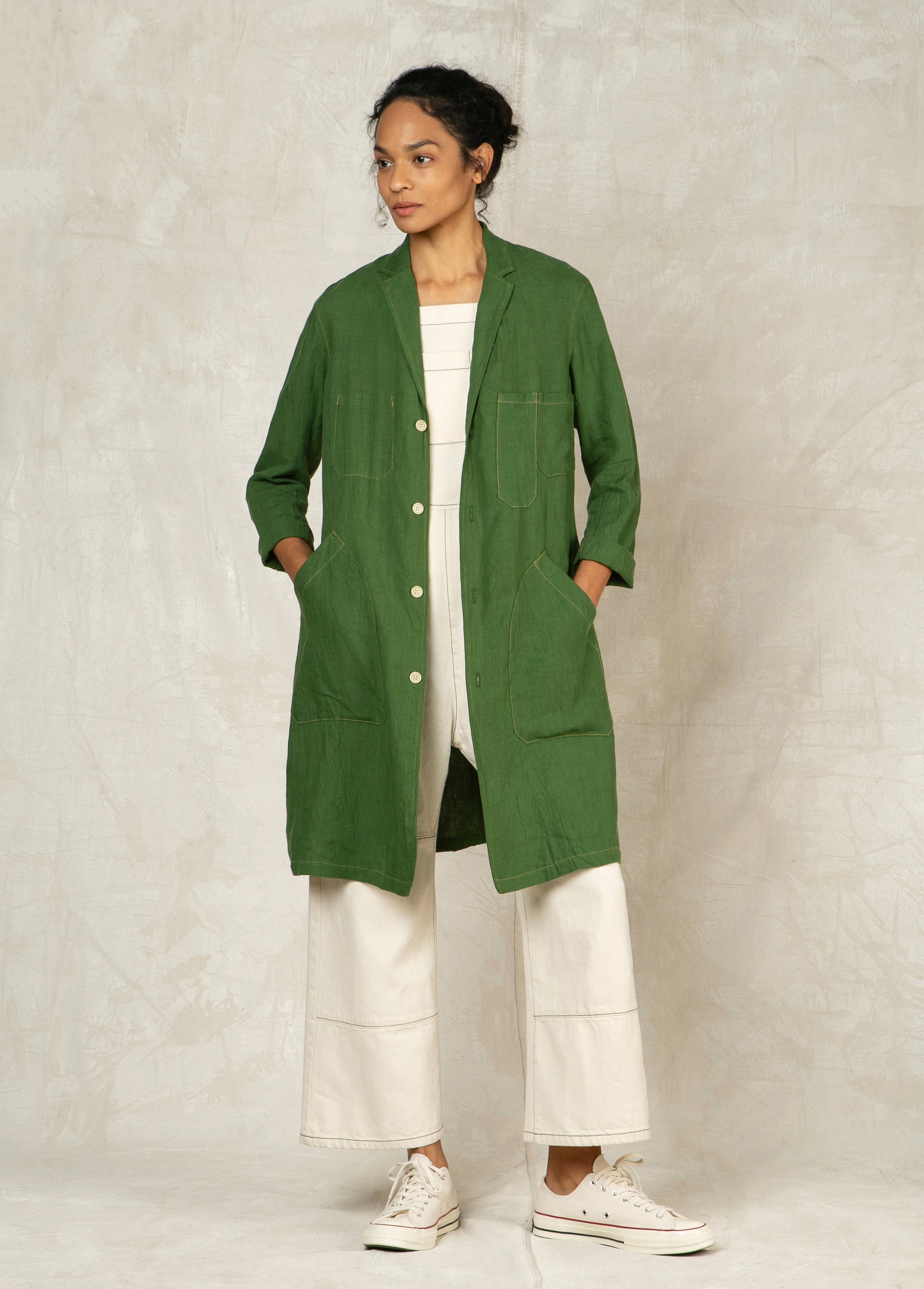 grass green mid length button down linen coat