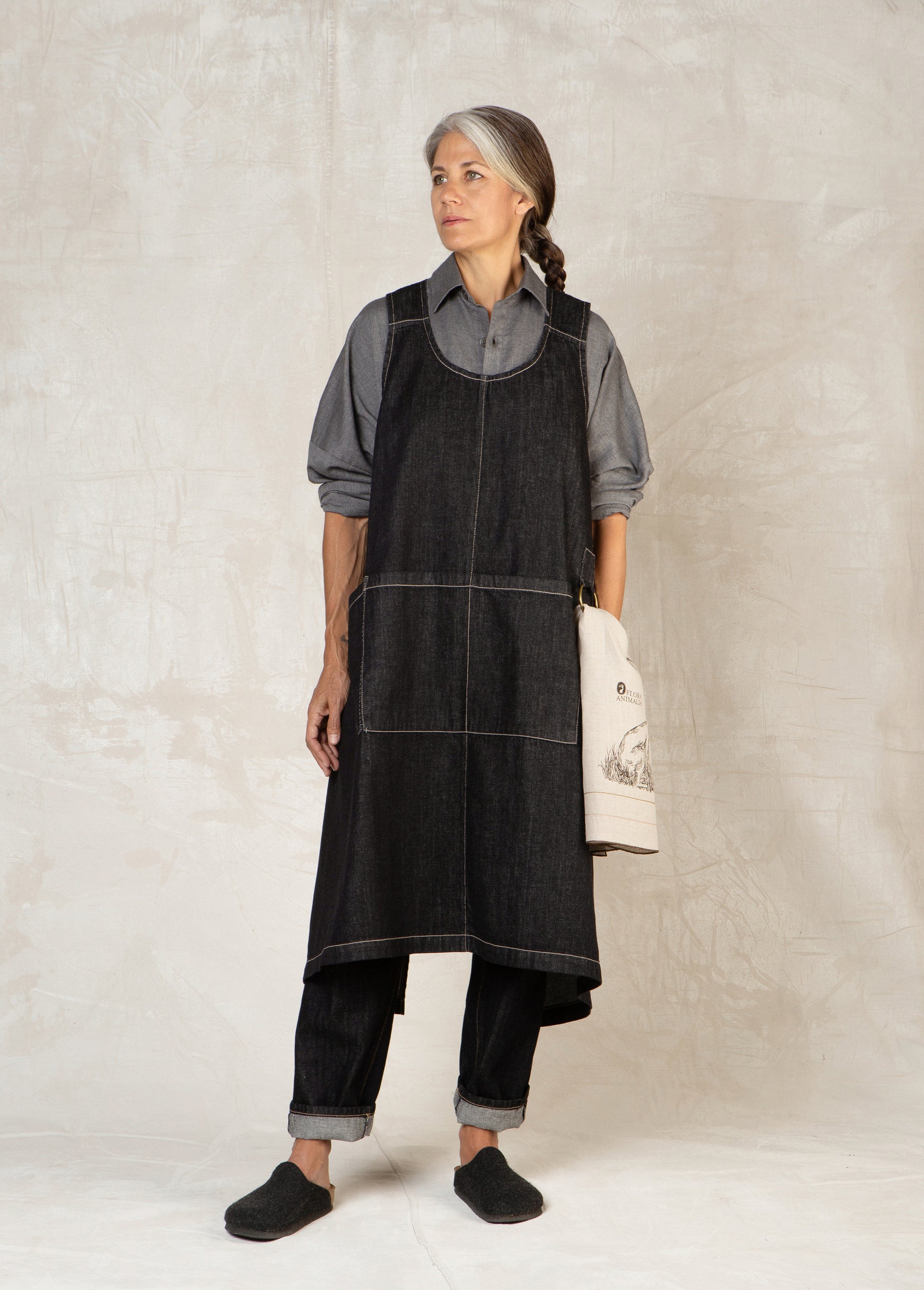 black denim pinafore apron front